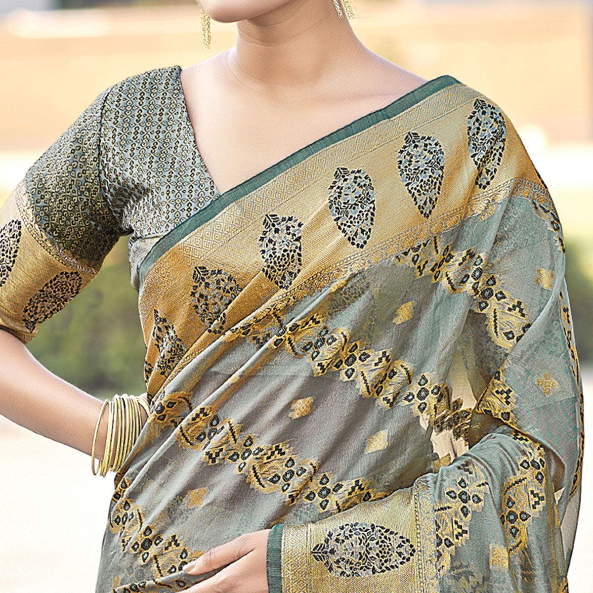 Grey Festive Wear Woven Organza Saree - Peachmode
