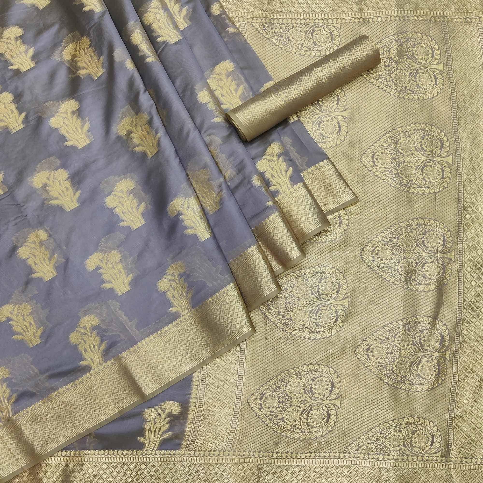 Grey Festive Wear Woven Organza Saree - Peachmode