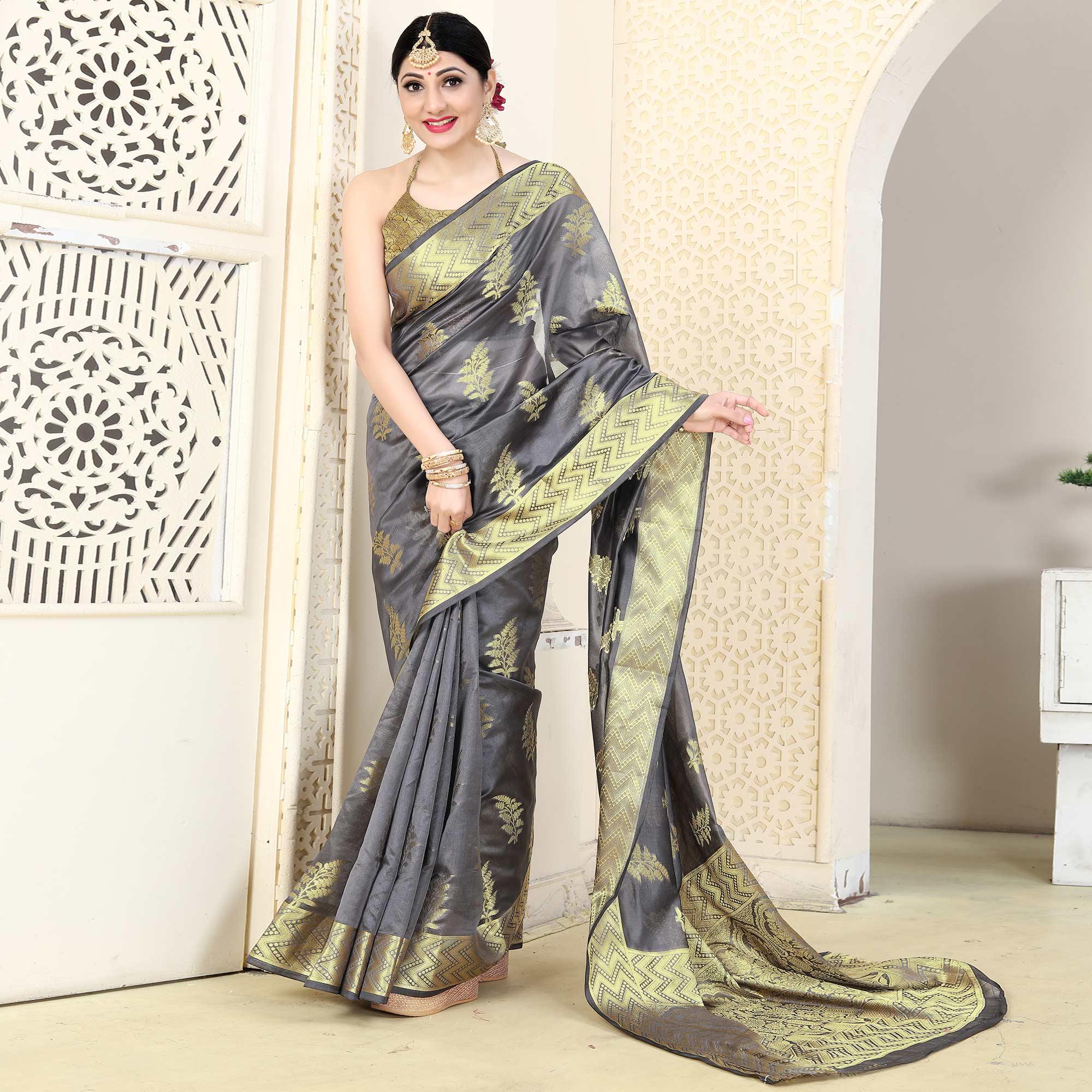 Grey Festive Wear Woven Organza Saree - Peachmode
