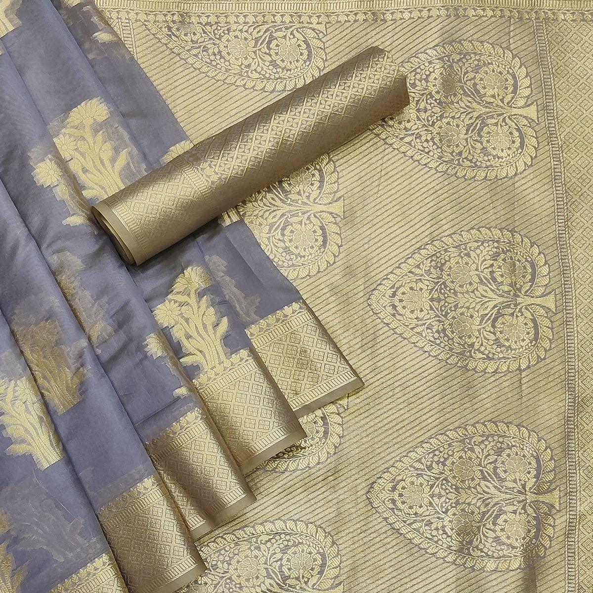 Grey Festive Wear Woven Organza Saree - Peachmode