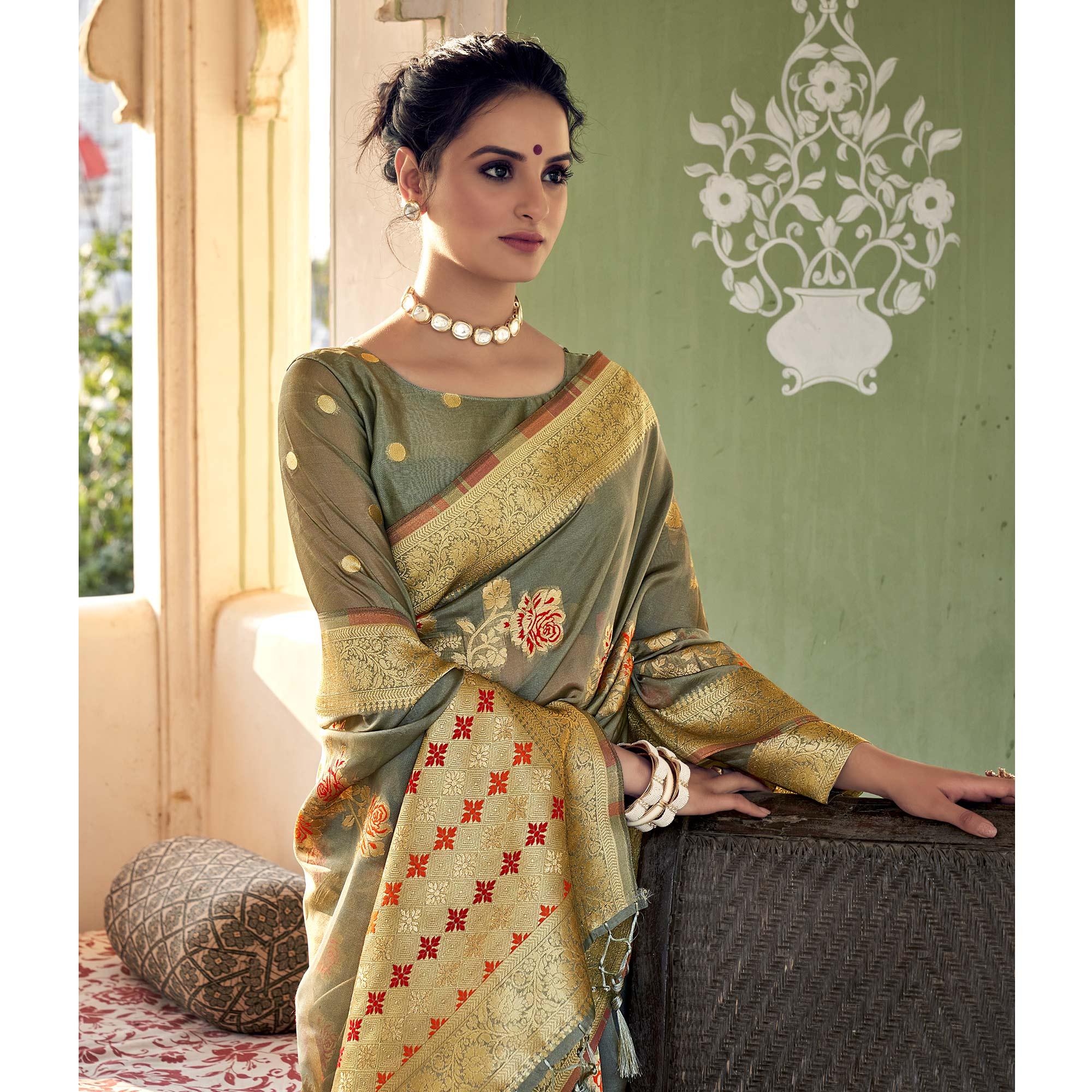 Grey Festive Wear Woven Organza Saree - Peachmode