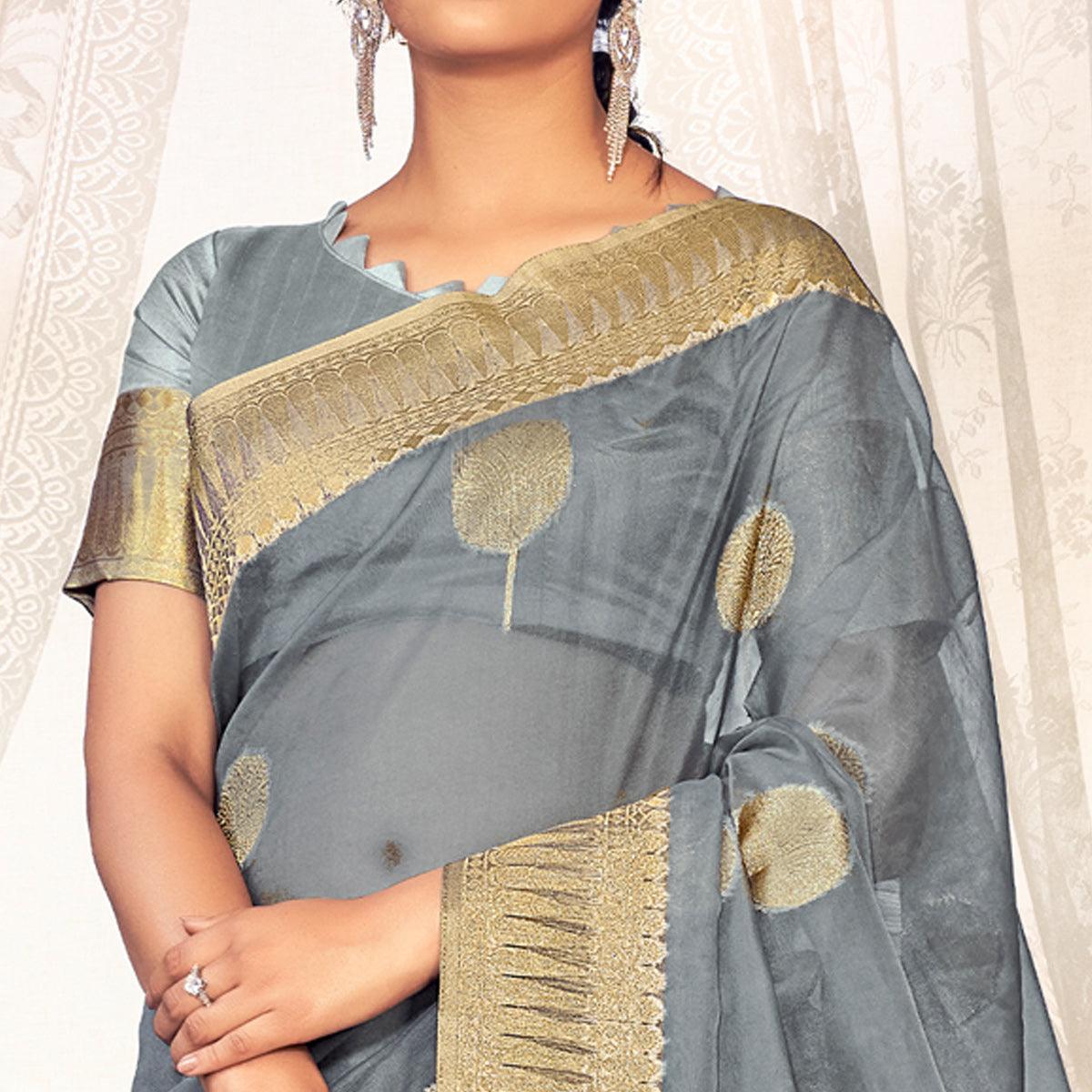Grey Festive Wear Woven Organza Saree - Peachmode