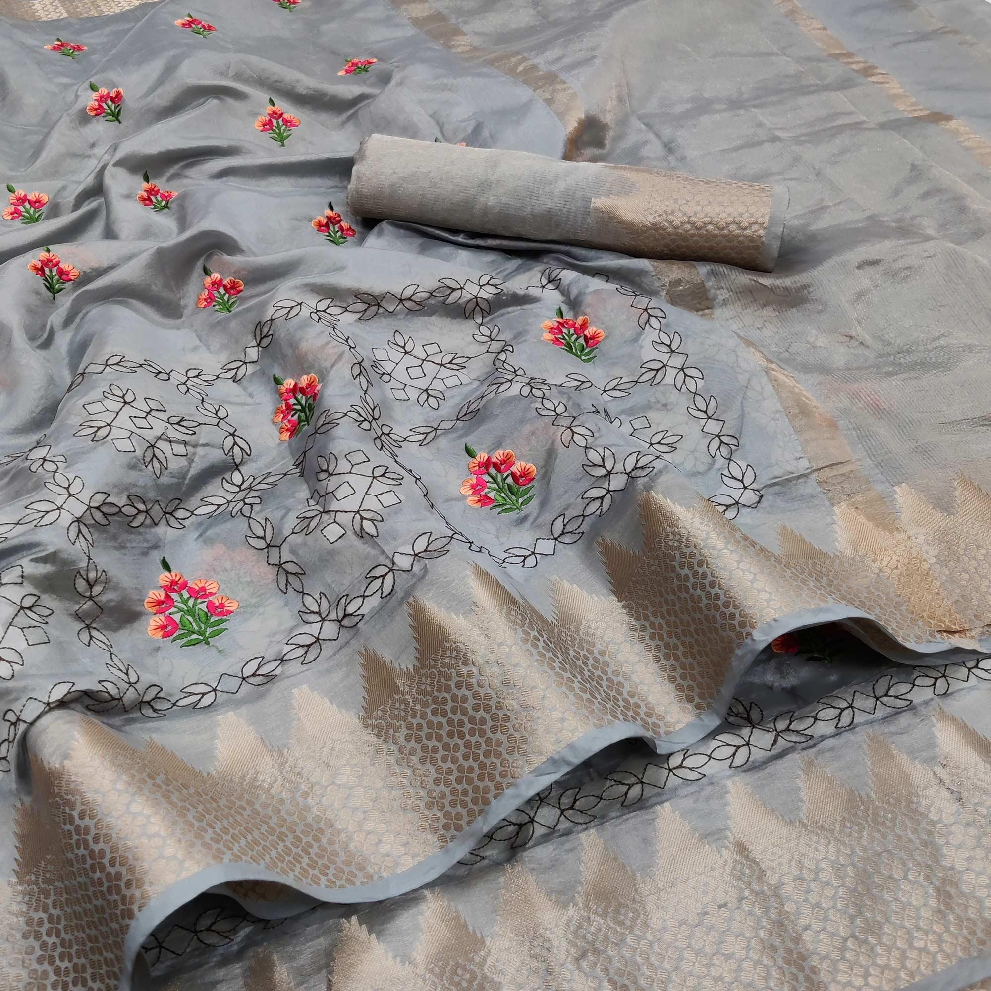 Grey Festive Wear Woven Organza Saree With Floral Embroidery Butta Work - Peachmode