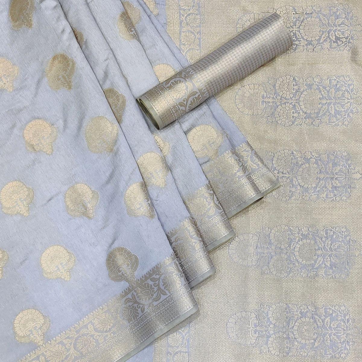 Grey Festive Wear Woven Raw Silk Saree - Peachmode