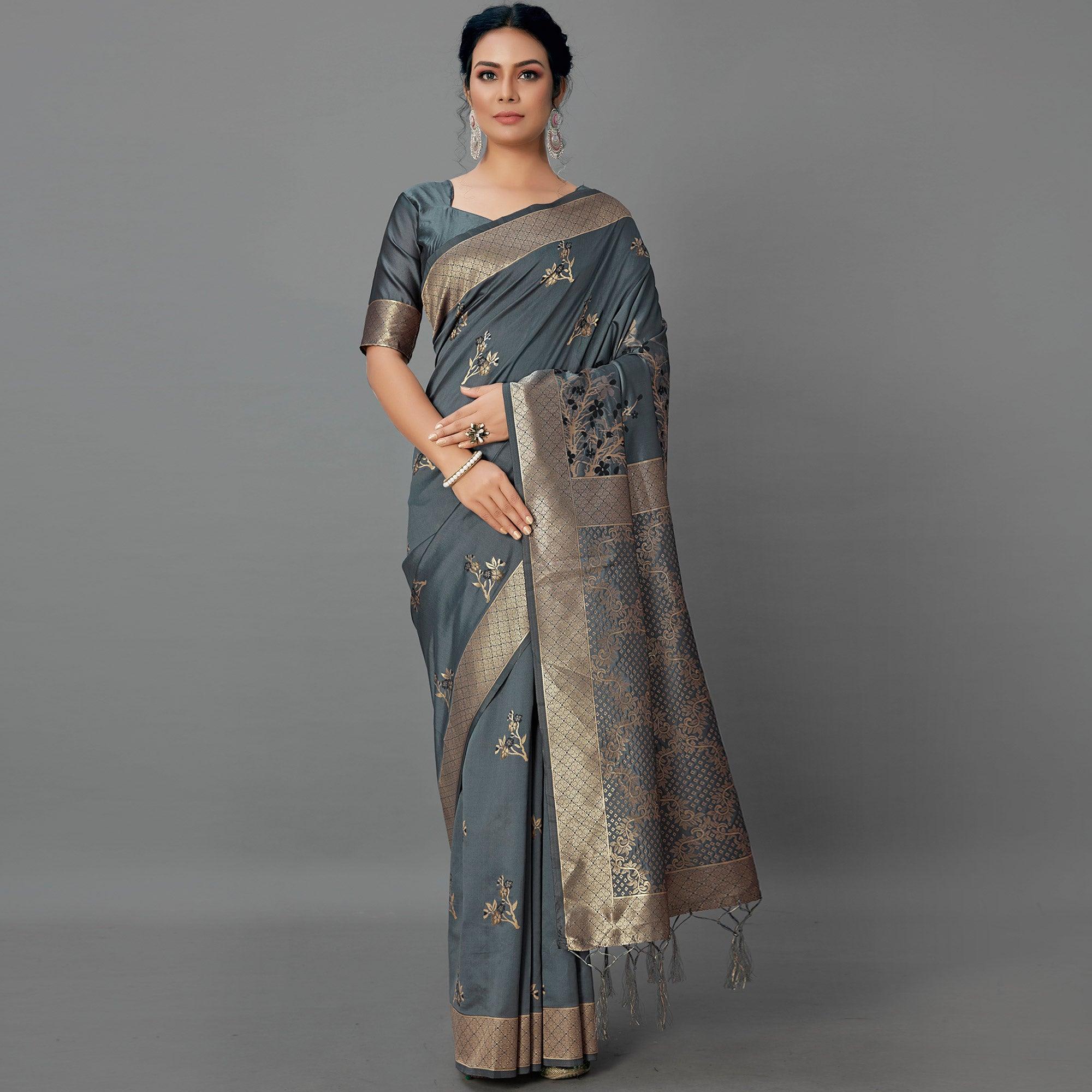 Grey Festive Wear Woven Silk Blend Saree - Peachmode