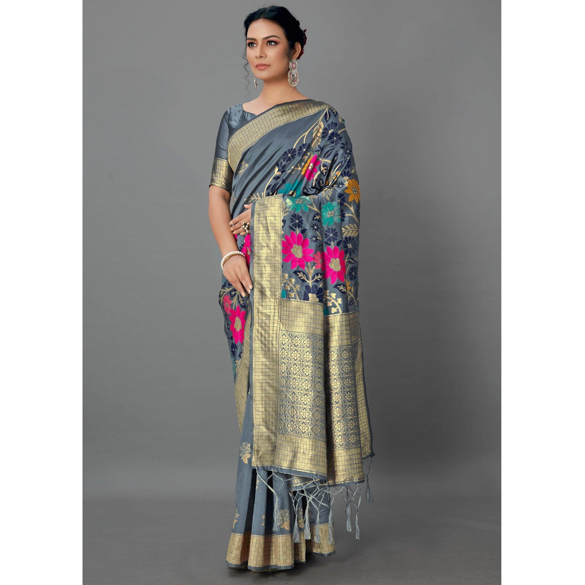 Grey Festive Wear Woven Silk Blend
Saree - Peachmode