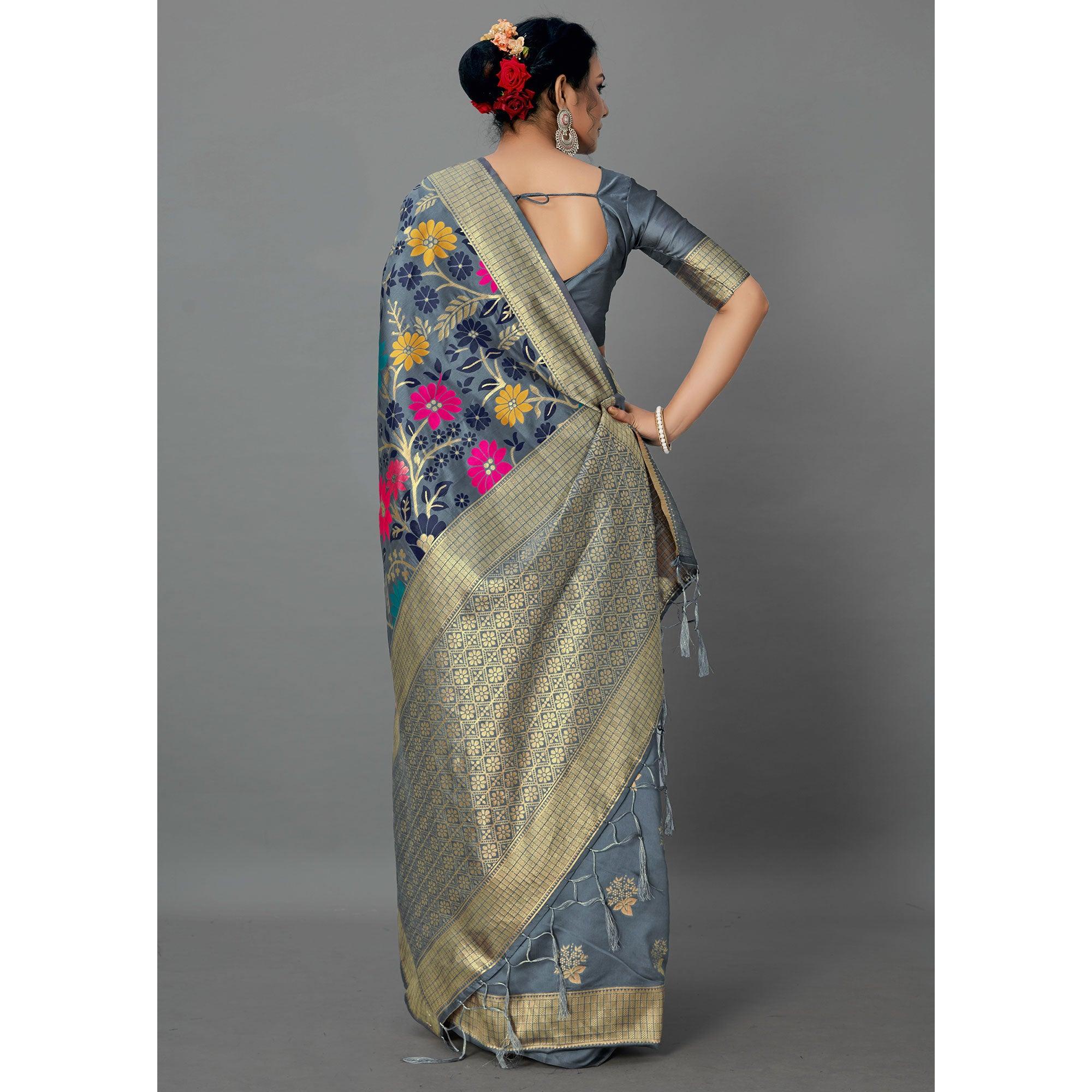 Grey Festive Wear Woven Silk Blend
Saree - Peachmode