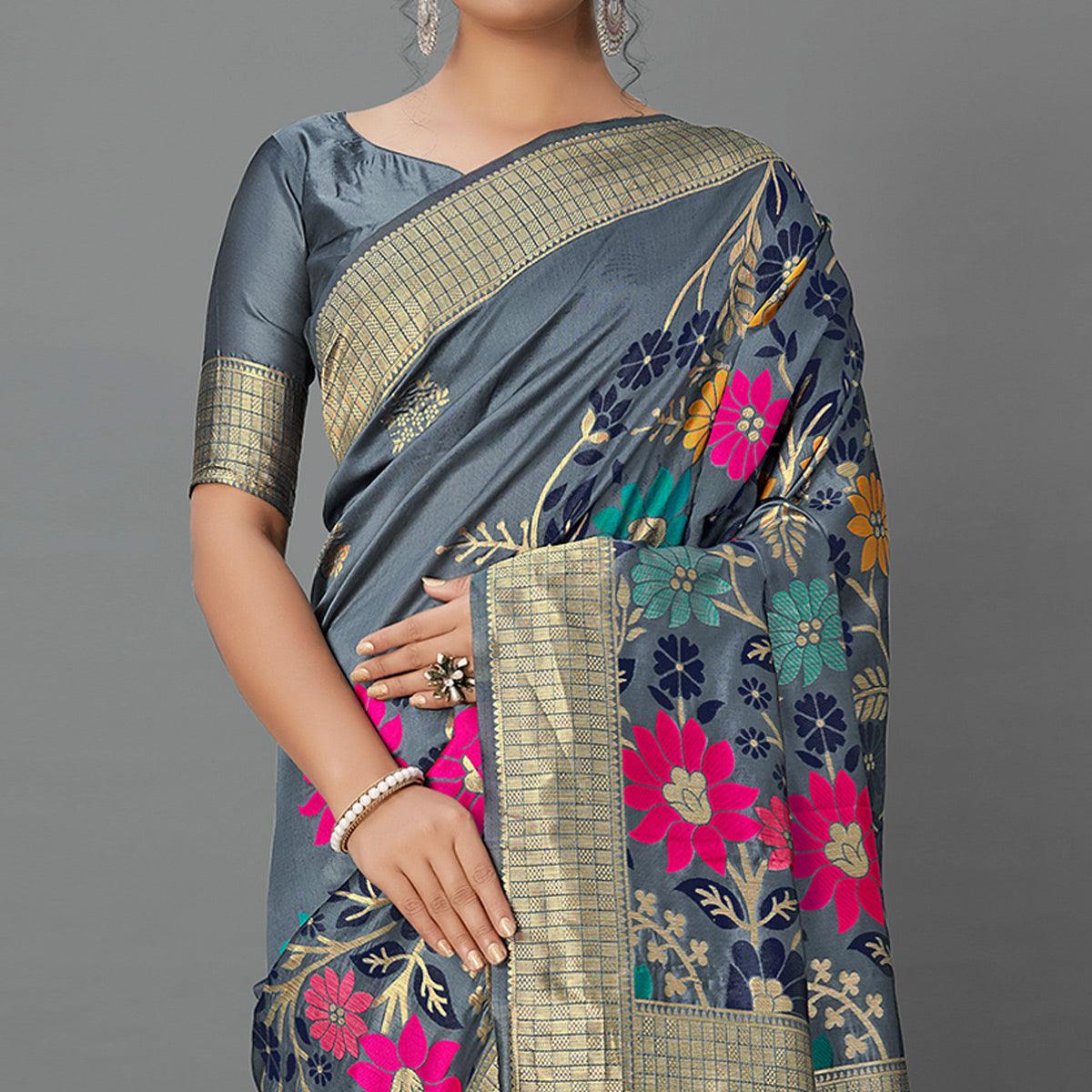 Grey Festive Wear Woven Silk Blend
Saree - Peachmode