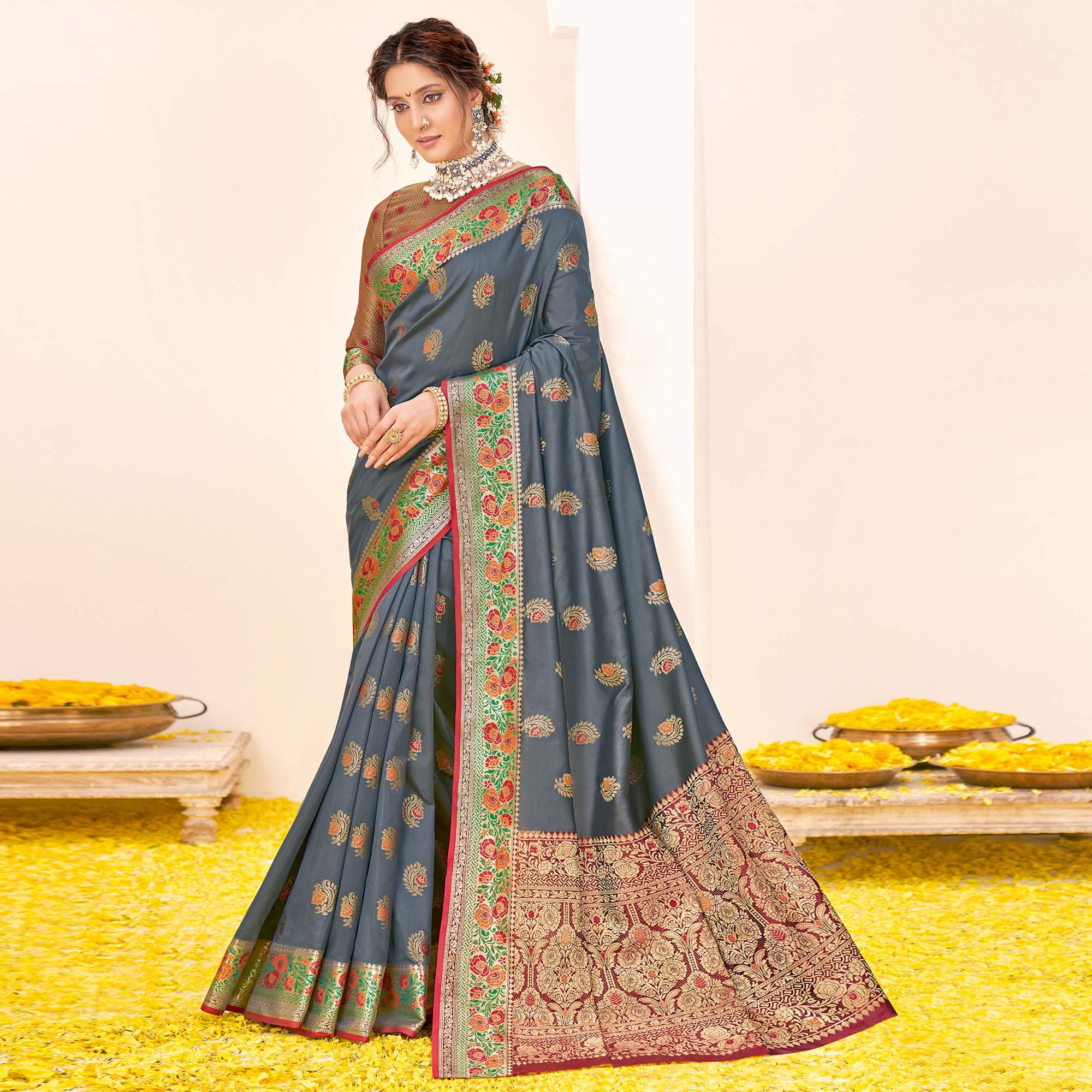 Grey Festive Wear Woven Silk Saree - Peachmode