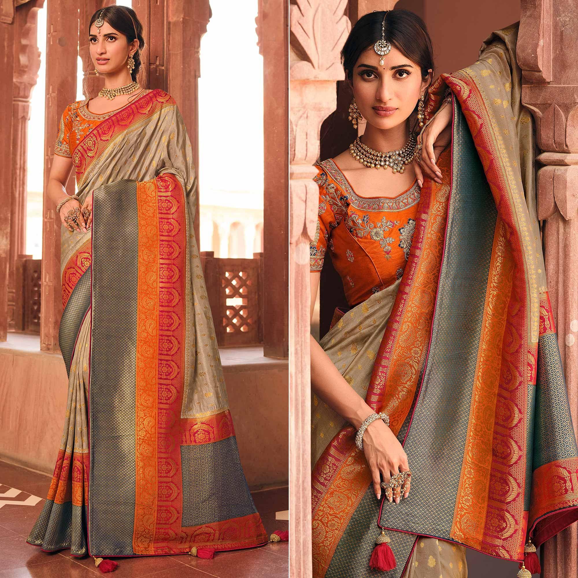 Grey Festive Wear Woven Silk Saree - Peachmode