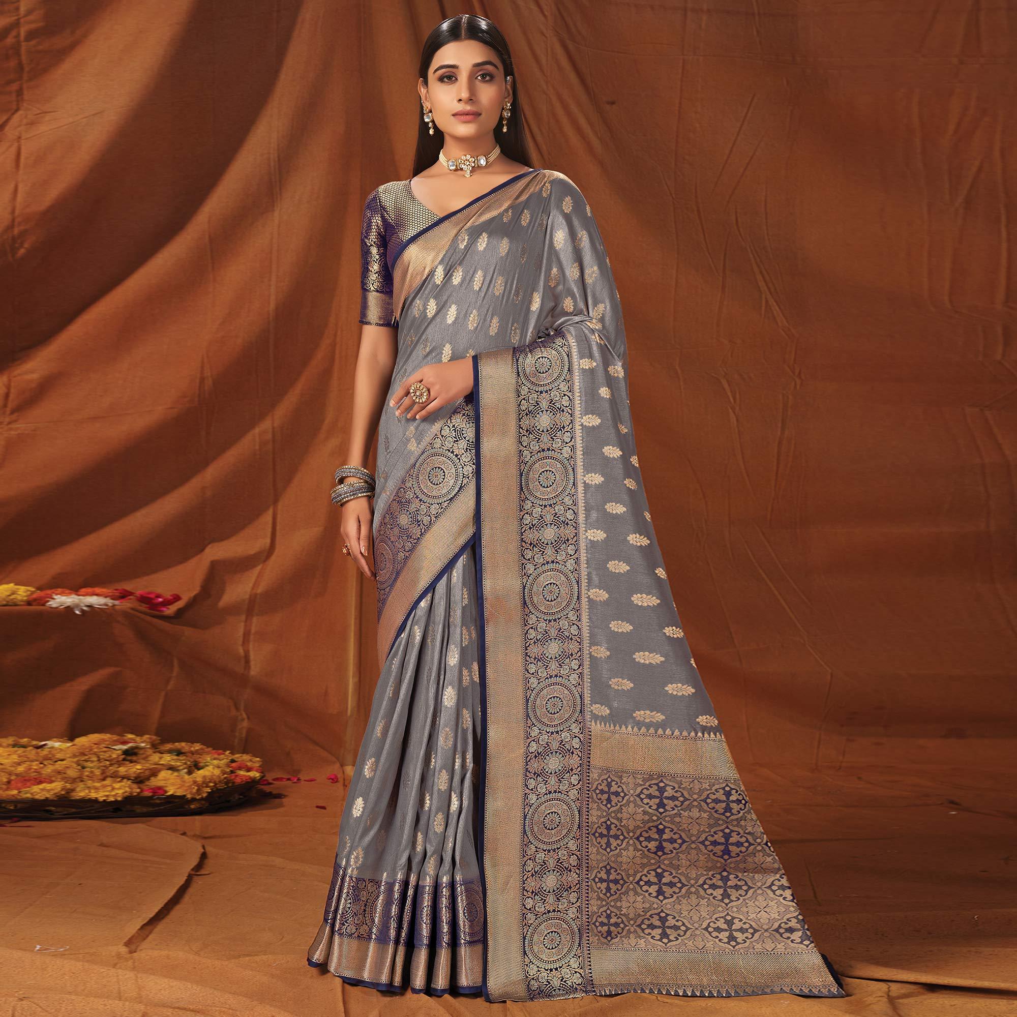 Grey Festive Wear Woven Silk Saree - Peachmode