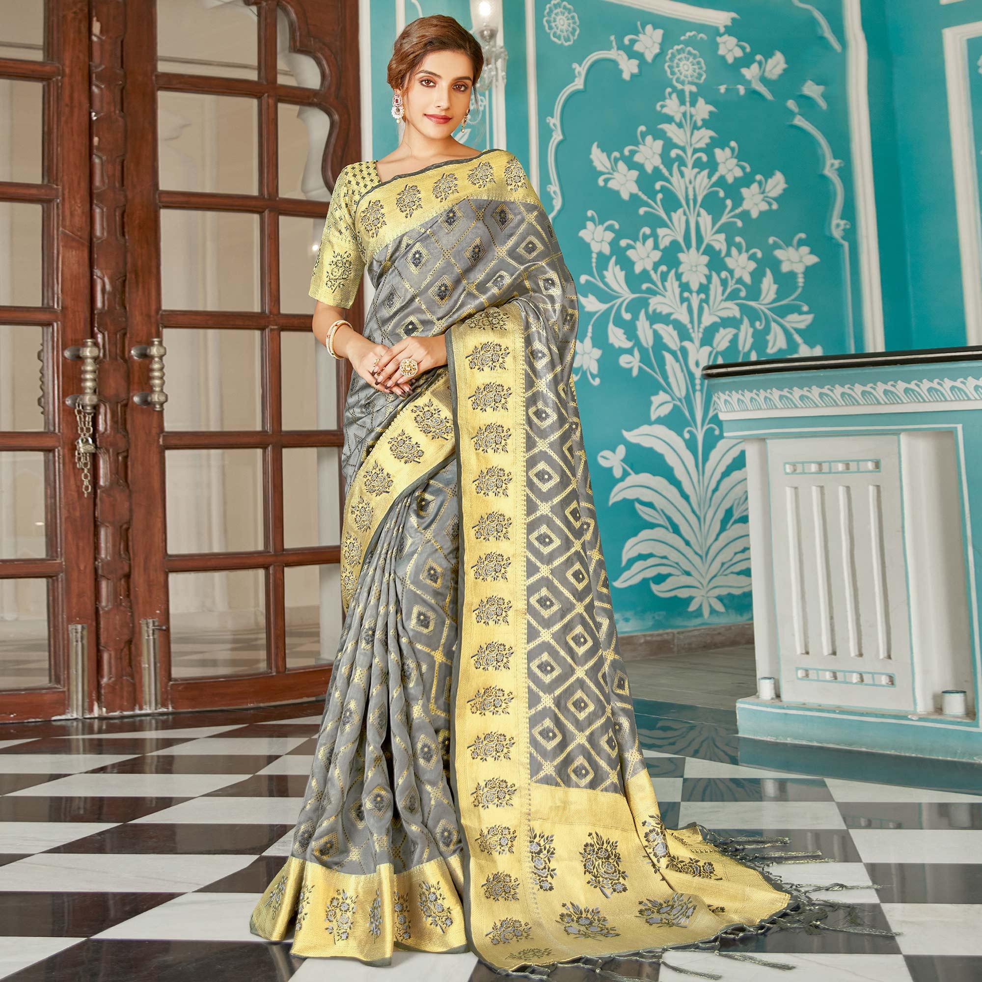Grey Festive Wear Woven Silk Saree - Peachmode