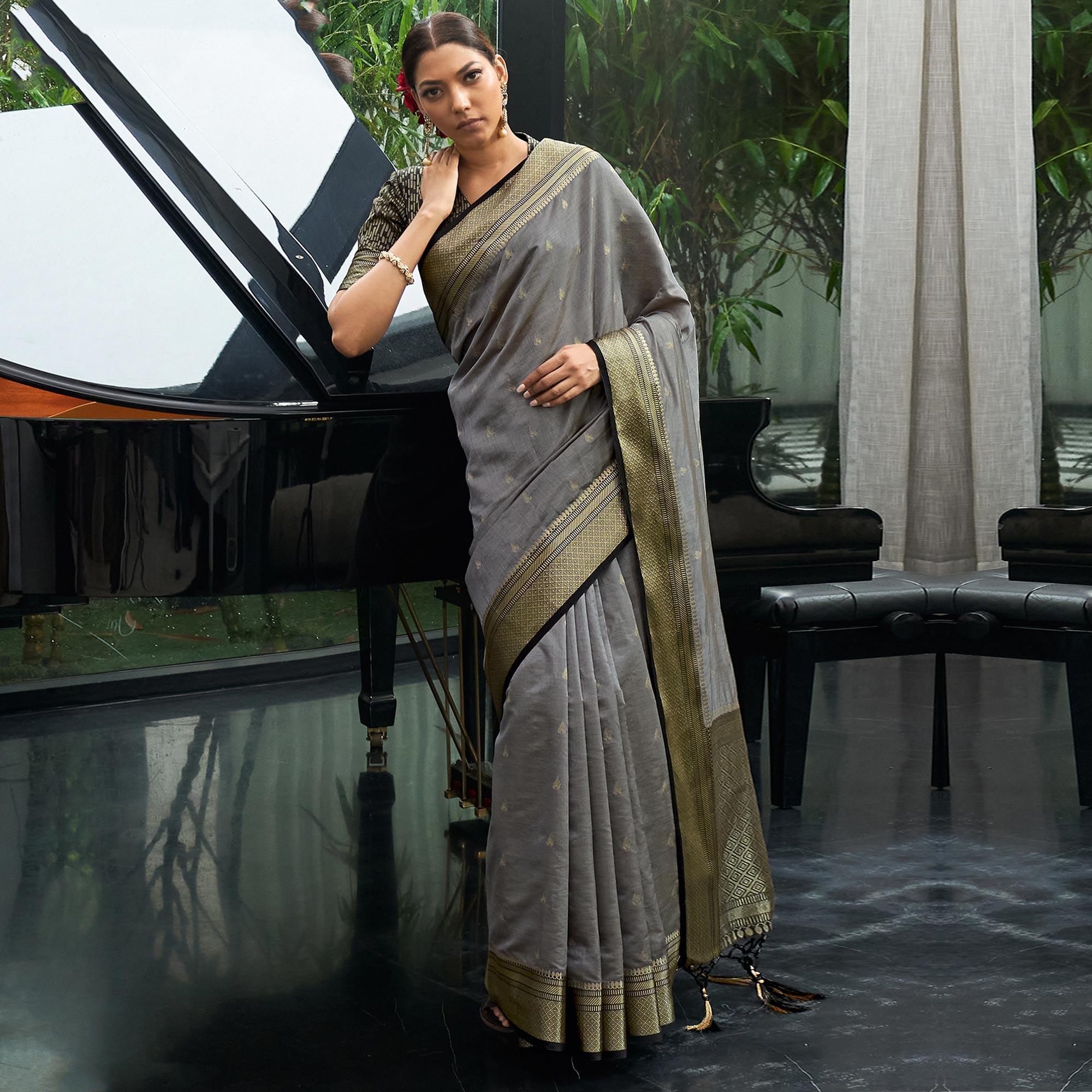 Grey Festive Wear Woven Silk Saree - Peachmode