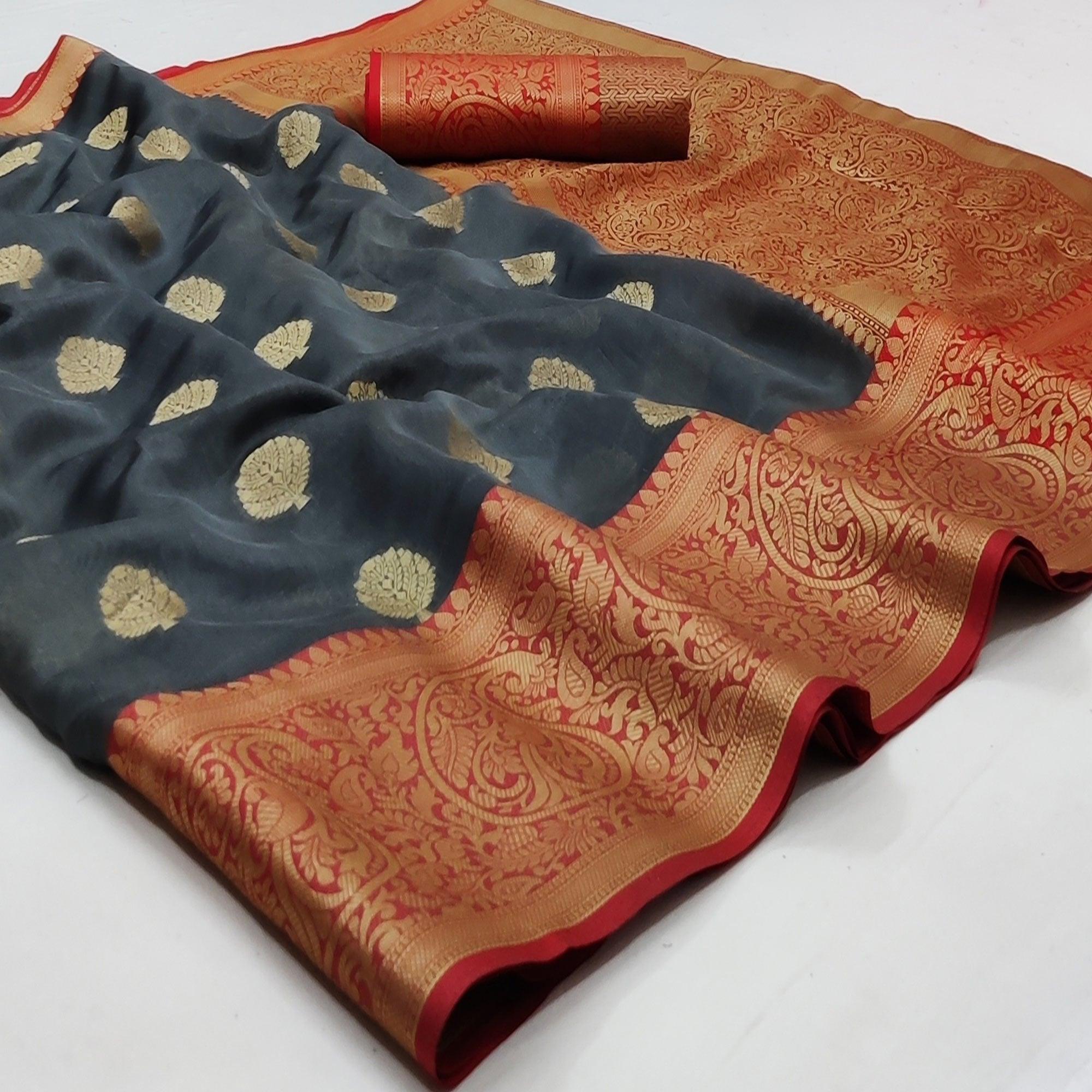 Grey Festive Wear Woven Silk Saree - Peachmode