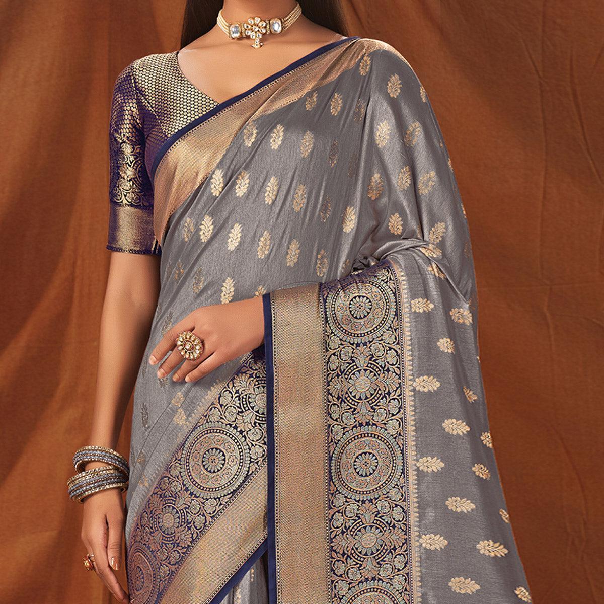 Grey Festive Wear Woven Silk Saree - Peachmode