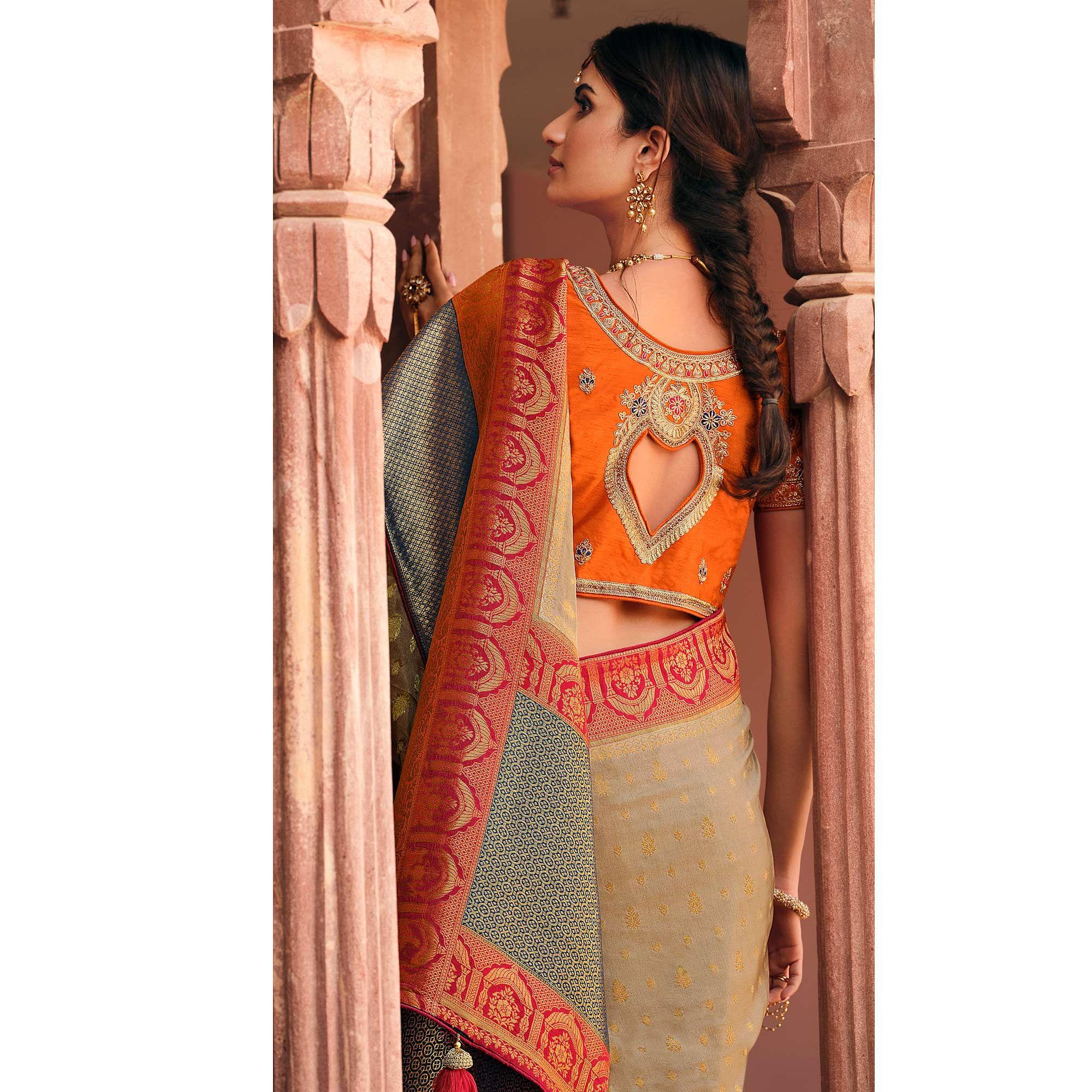 Grey Festive Wear Woven Silk Saree - Peachmode
