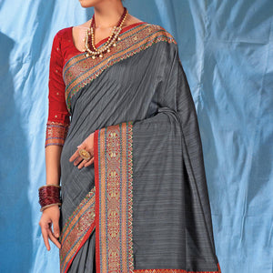 Grey Festive Wear Woven Silk Saree - Peachmode