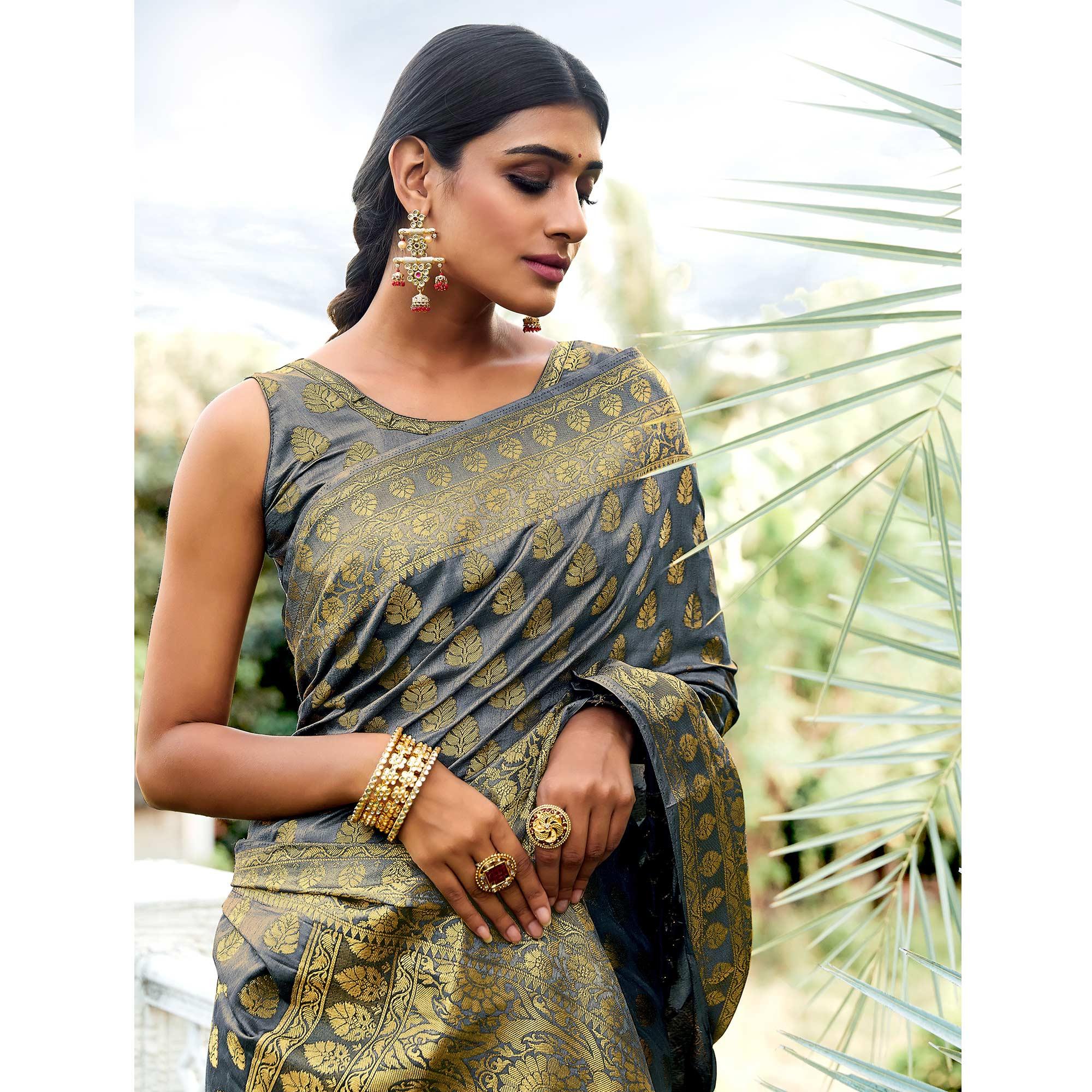 Grey Festive Wear Woven Silk Saree - Peachmode