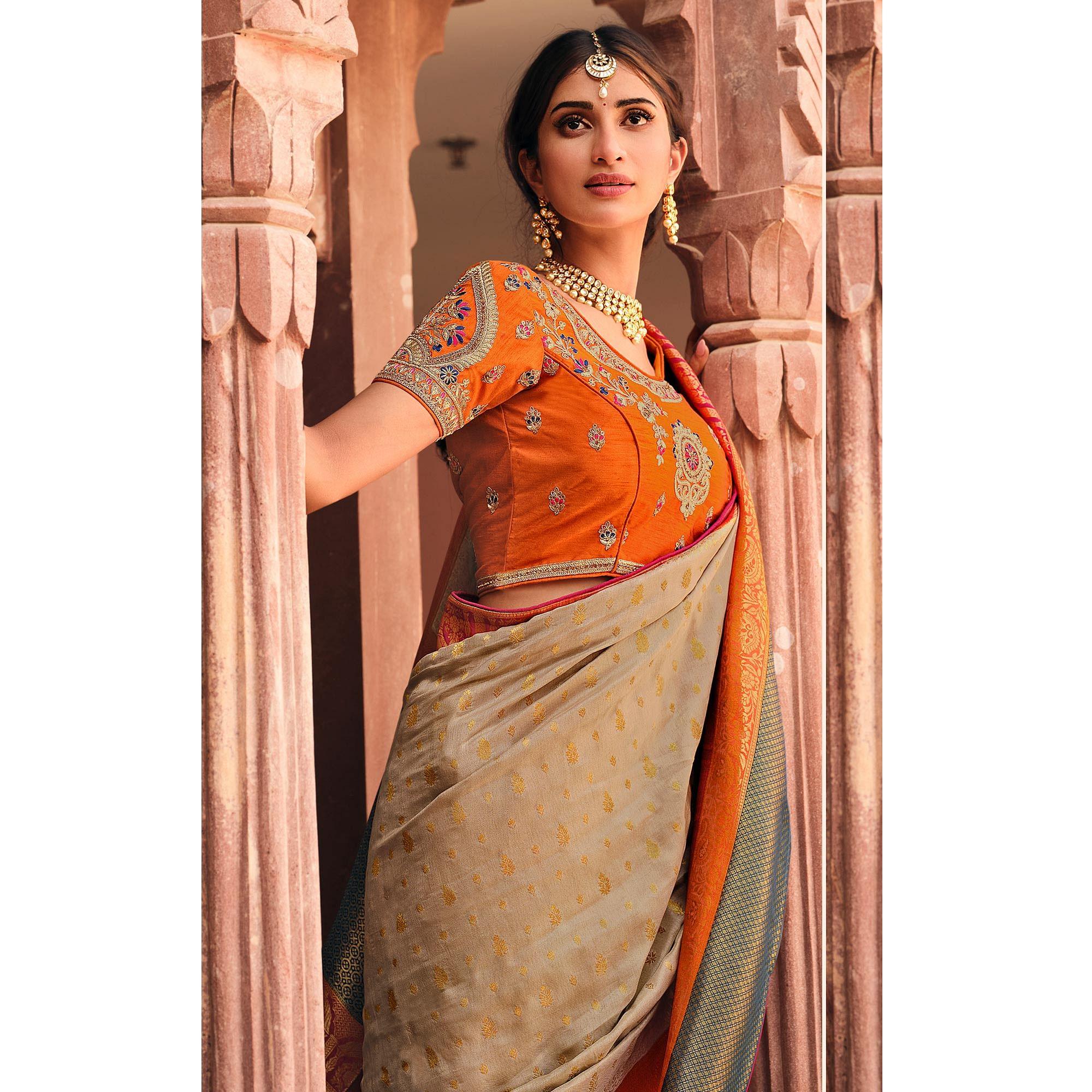 Grey Festive Wear Woven Silk Saree - Peachmode
