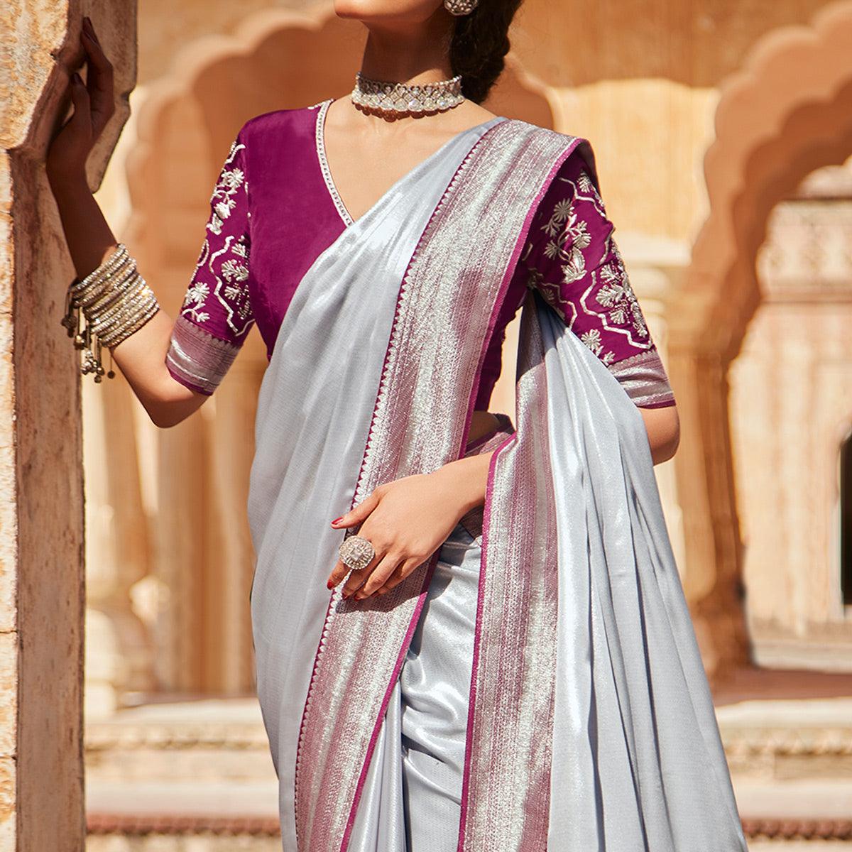 Grey Festive Wear Woven Silk Saree - Peachmode