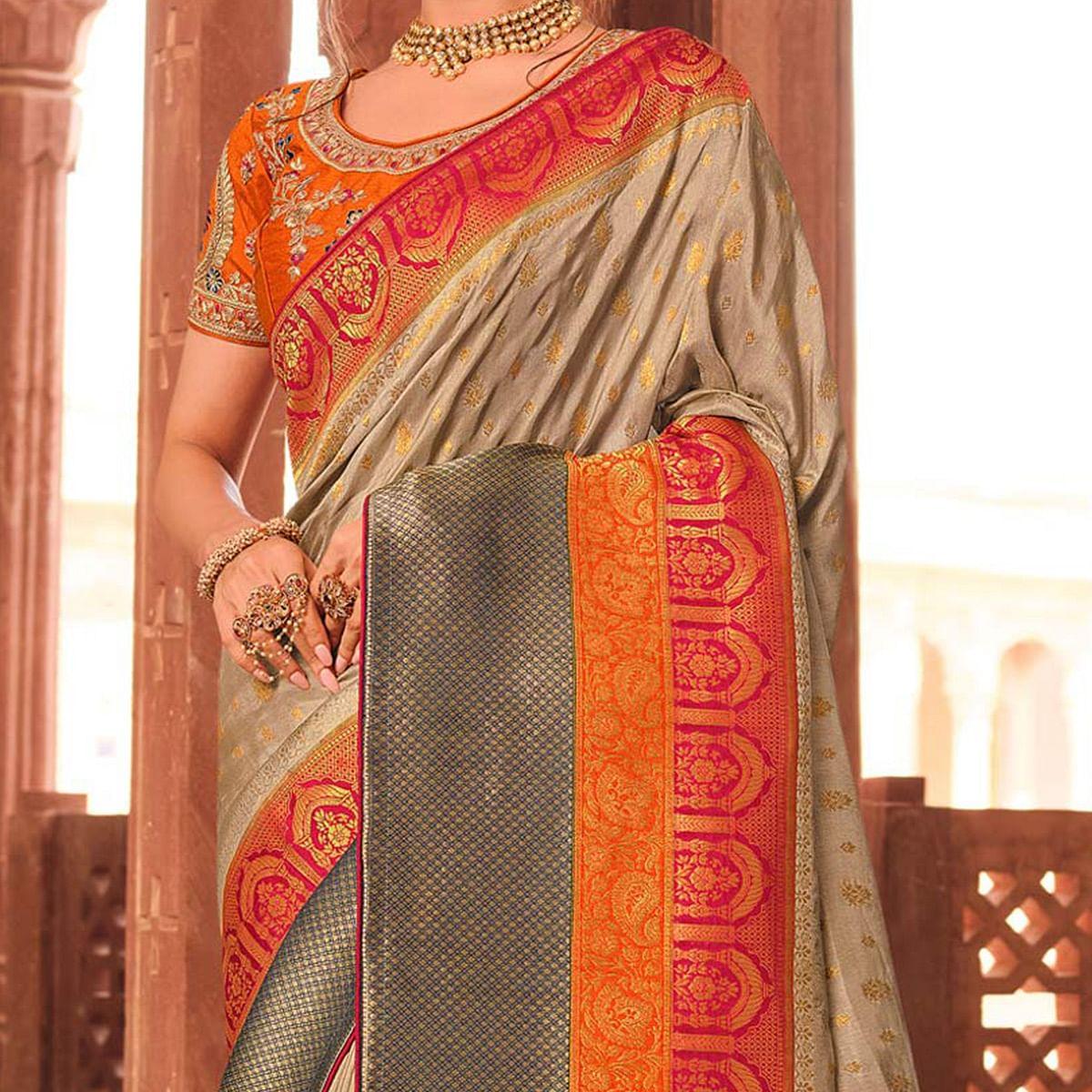 Grey Festive Wear Woven Silk Saree - Peachmode