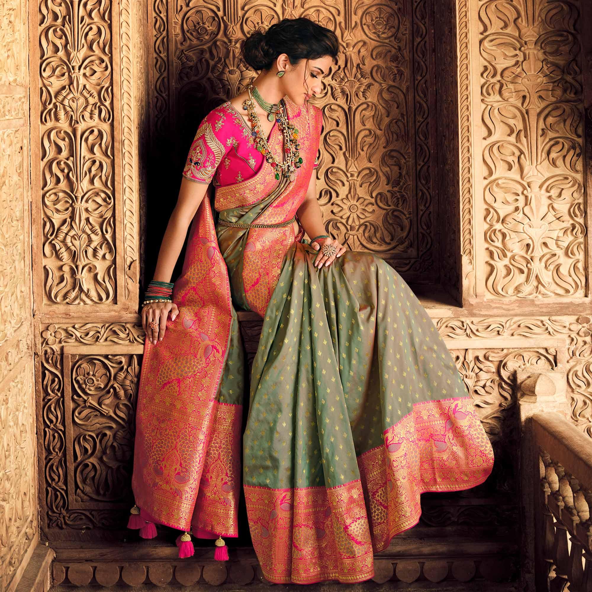 Grey Festive Wear Woven Silk Saree - Peachmode
