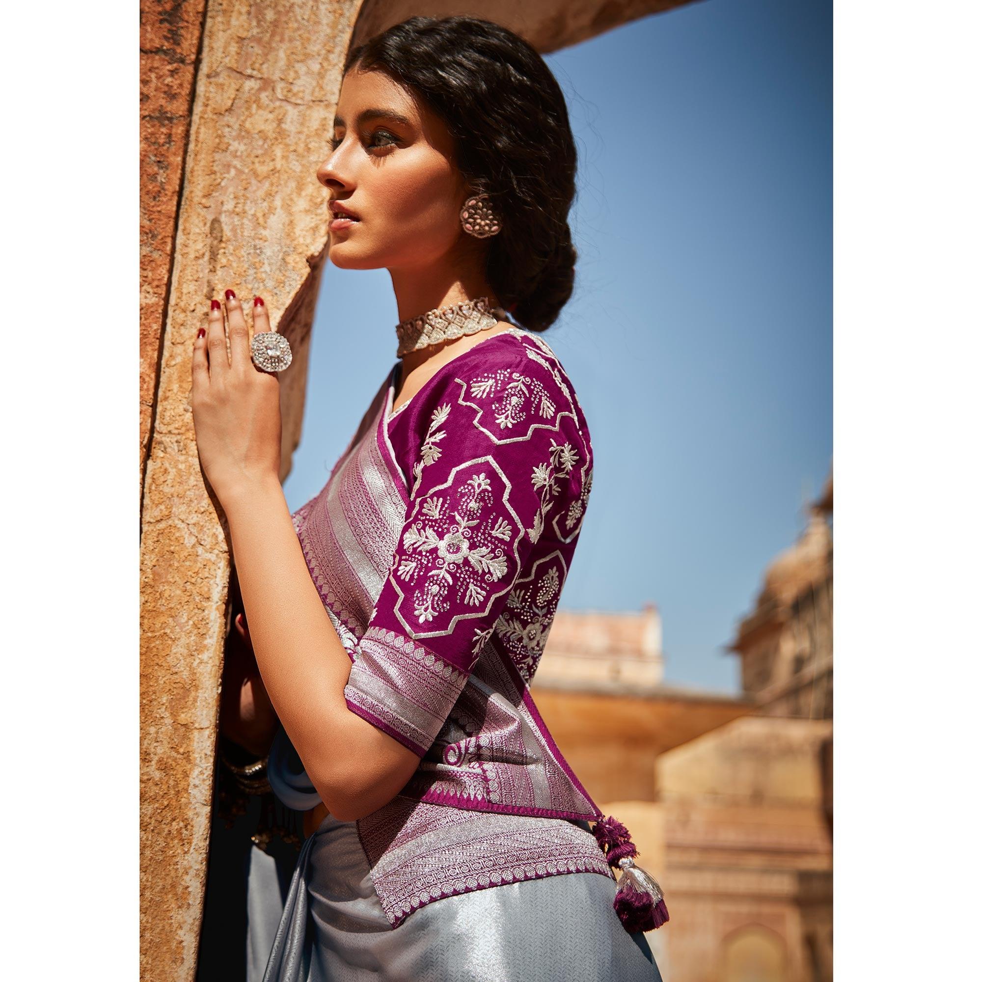 Grey Festive Wear Woven Silk Saree - Peachmode