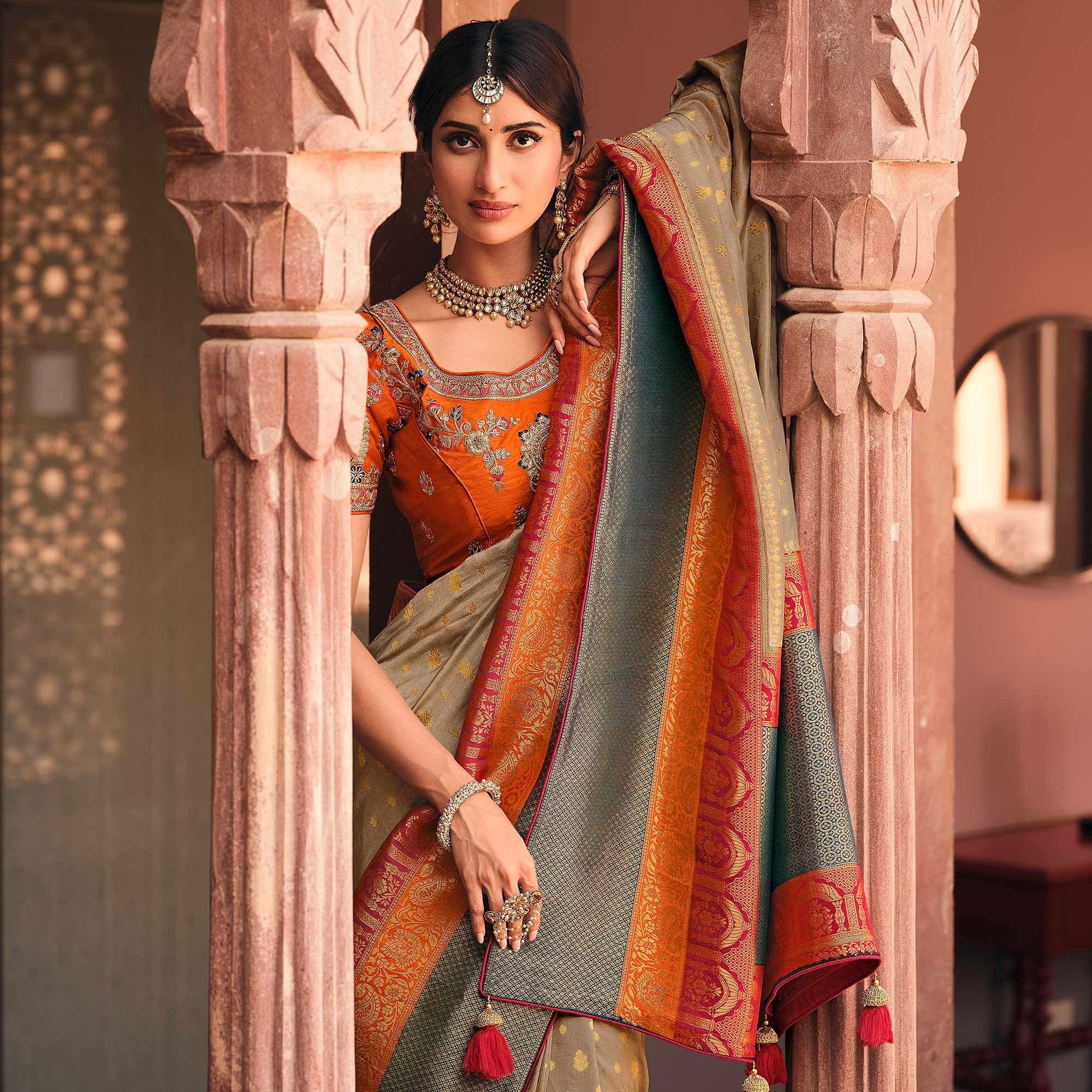 Grey Festive Wear Woven Silk Saree - Peachmode