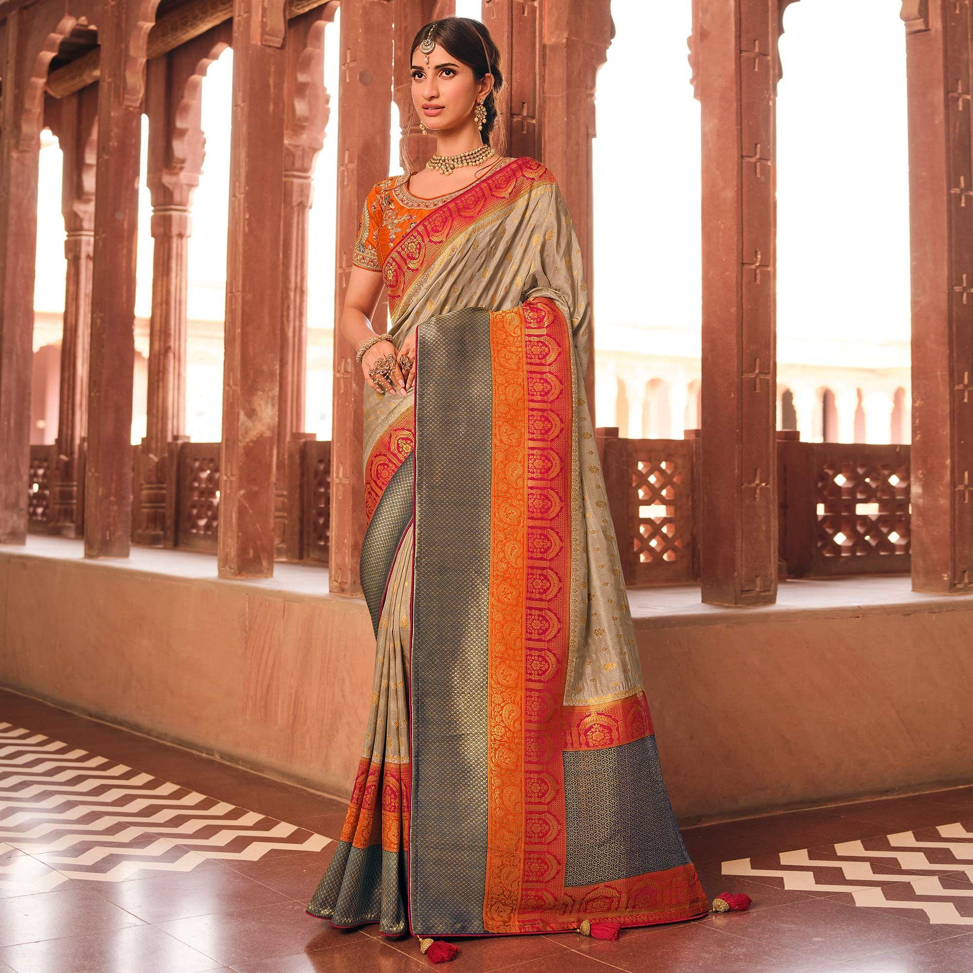 Grey Festive Wear Woven Silk Saree - Peachmode