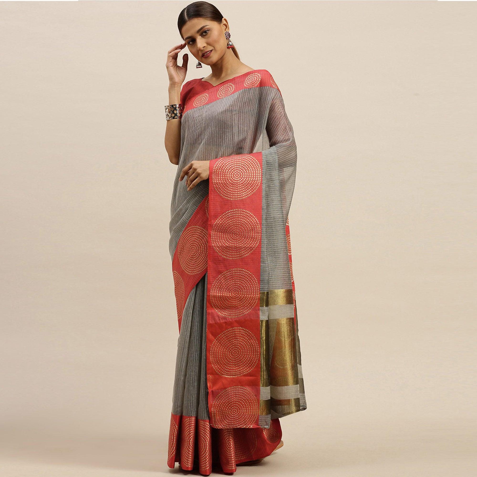 Grey Festive Wear Woven Silk Saree With Jacquard Border - Peachmode