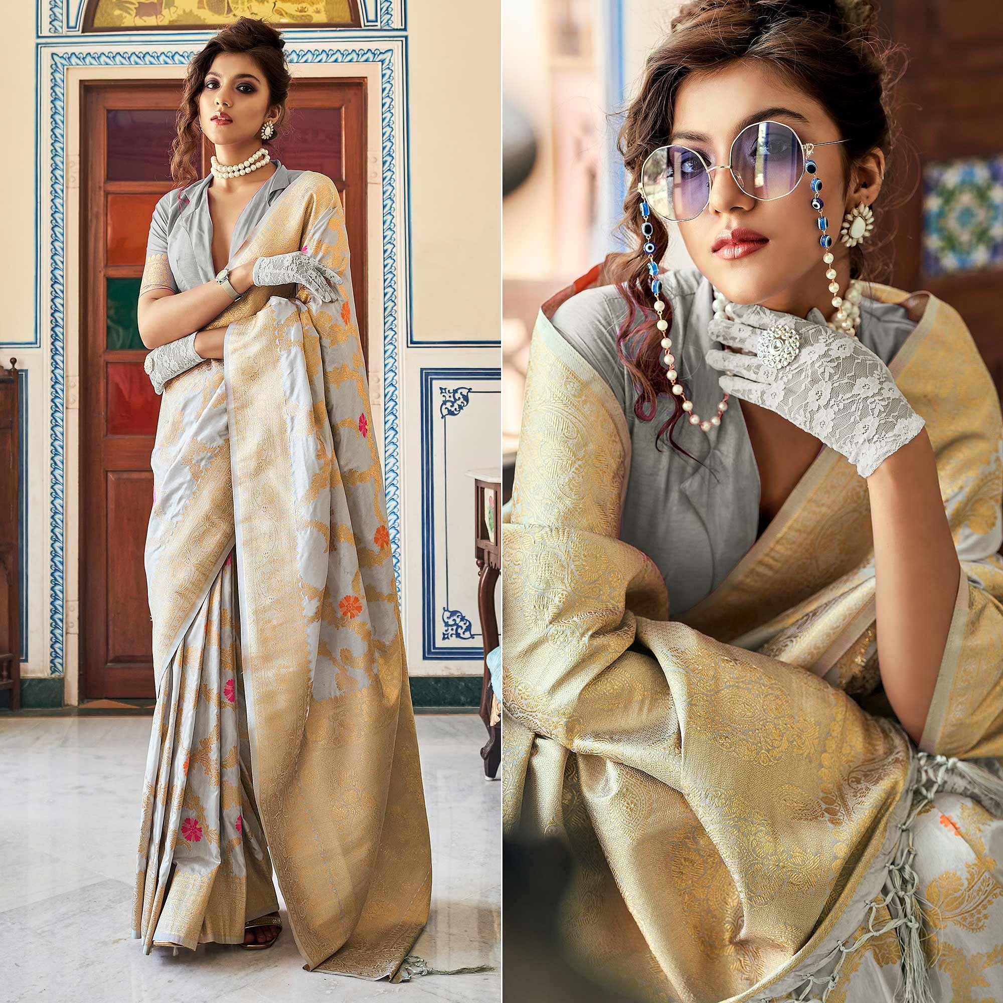Grey Festive Wear Woven Silk Saree With Tassels - Peachmode