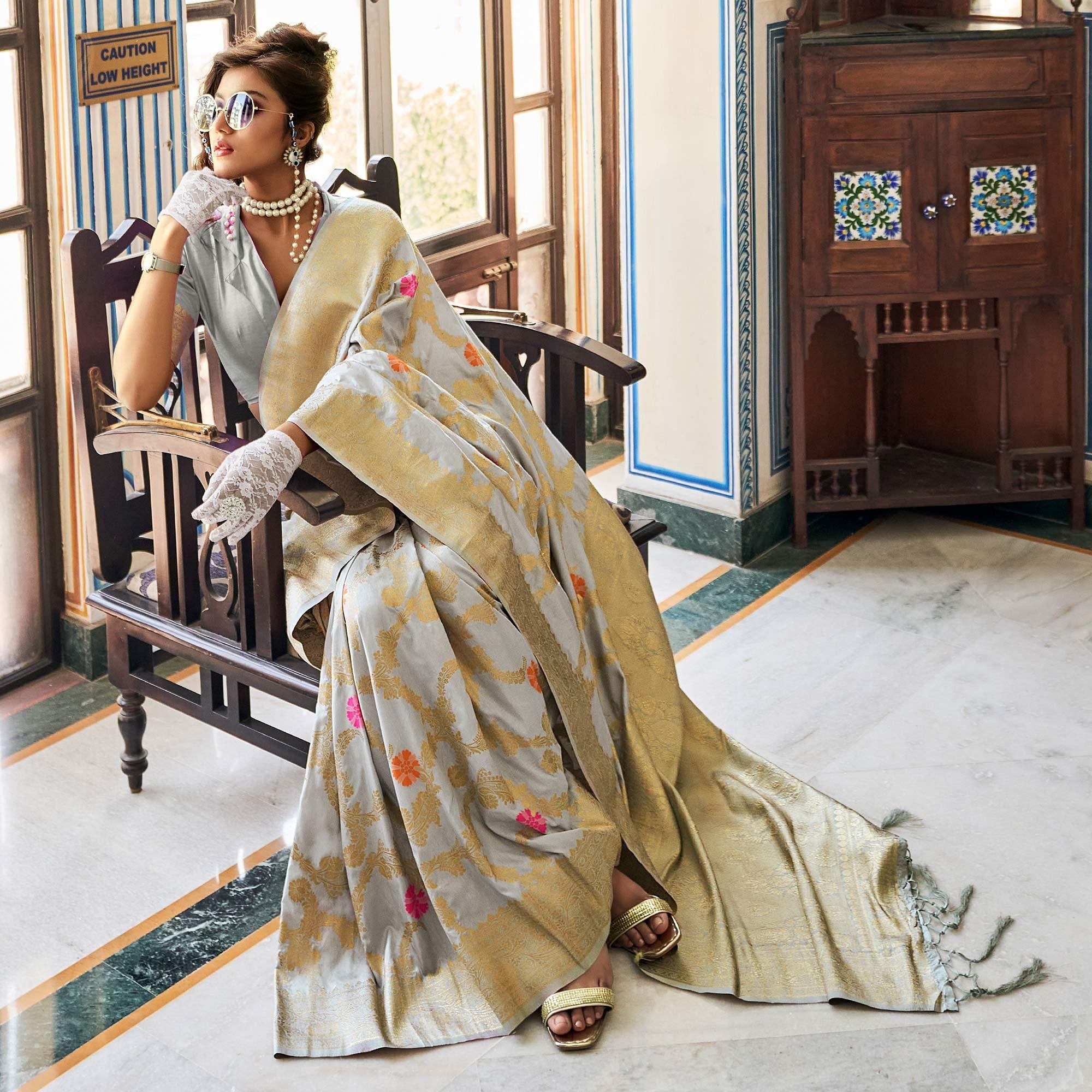 Grey Festive Wear Woven Silk Saree With Tassels - Peachmode