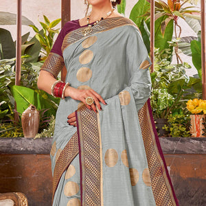 Grey Festive Wear Woven Silk Saree With Tassels - Peachmode