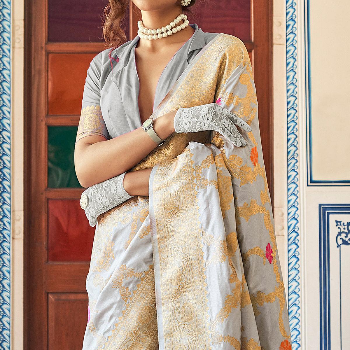 Grey Festive Wear Woven Silk Saree With Tassels - Peachmode