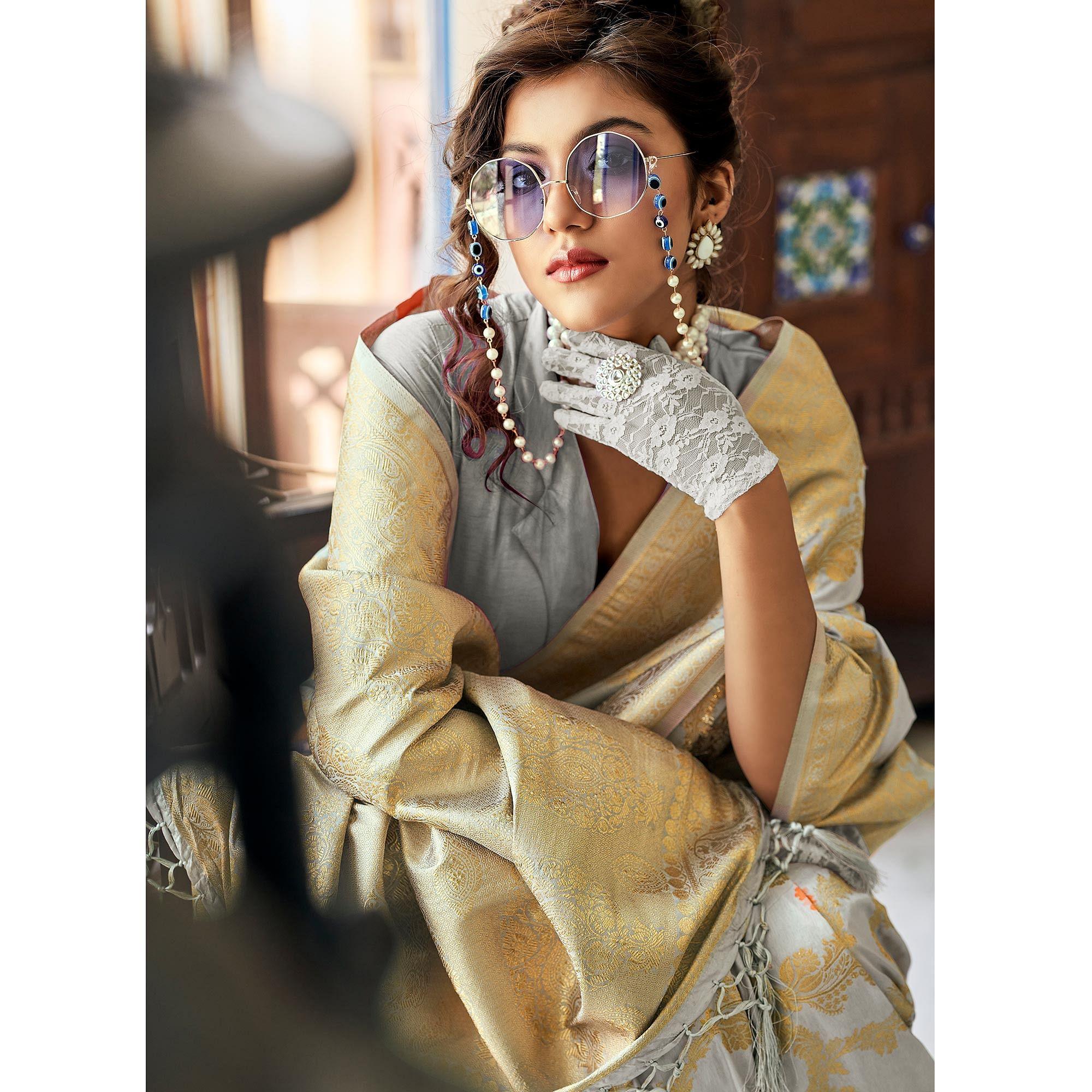 Grey Festive Wear Woven Silk Saree With Tassels - Peachmode