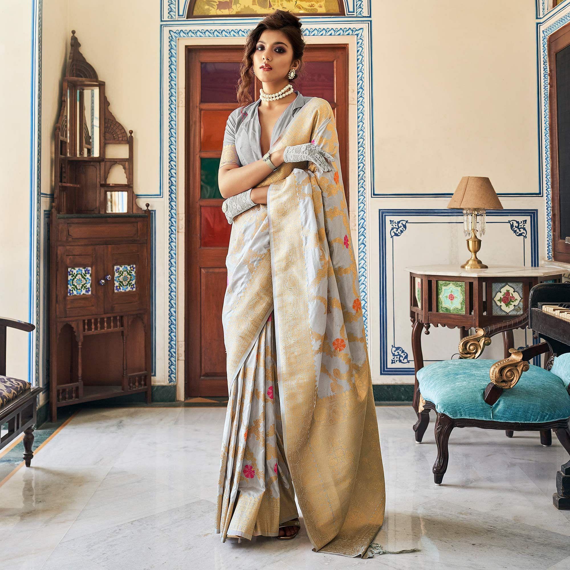 Grey Festive Wear Woven Silk Saree With Tassels - Peachmode