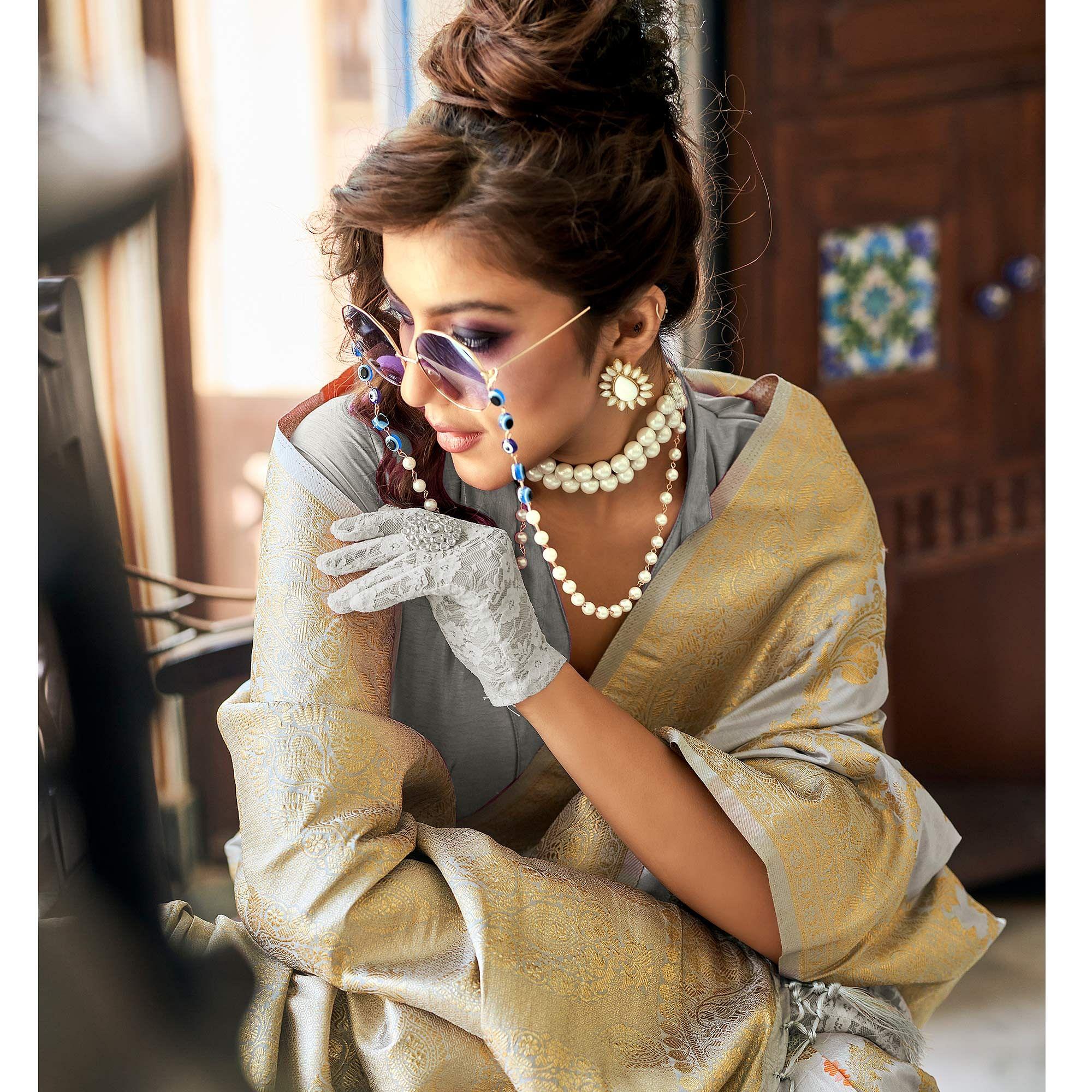 Grey Festive Wear Woven Silk Saree With Tassels - Peachmode