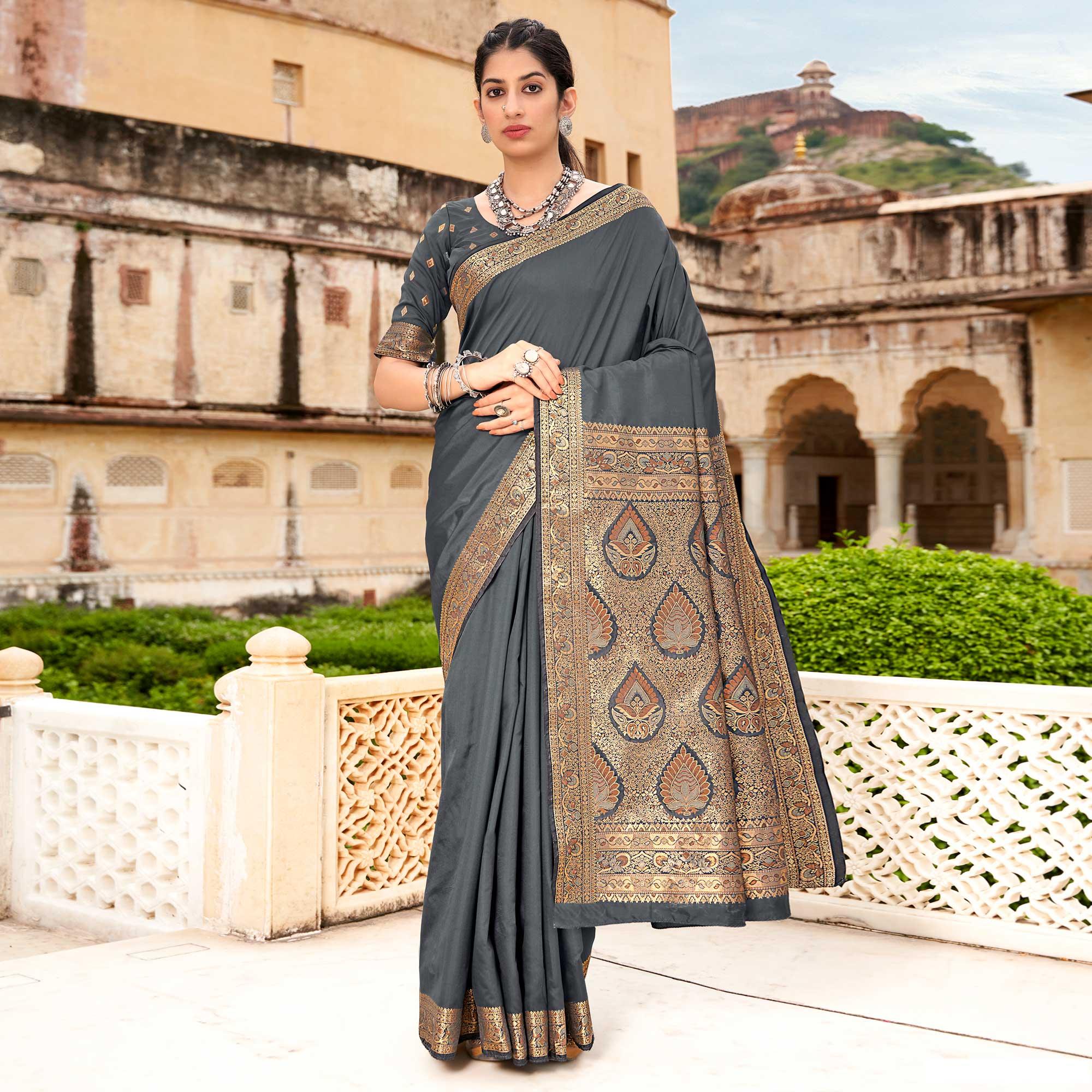 Grey Festive Wear Woven Soft Banarasi Silk Saree - Peachmode