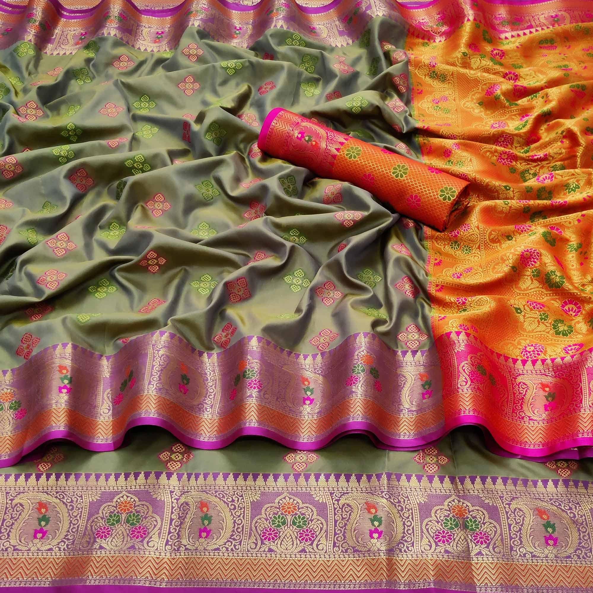 Grey Festive Wear Woven Soft Banarasi Silk Saree - Peachmode