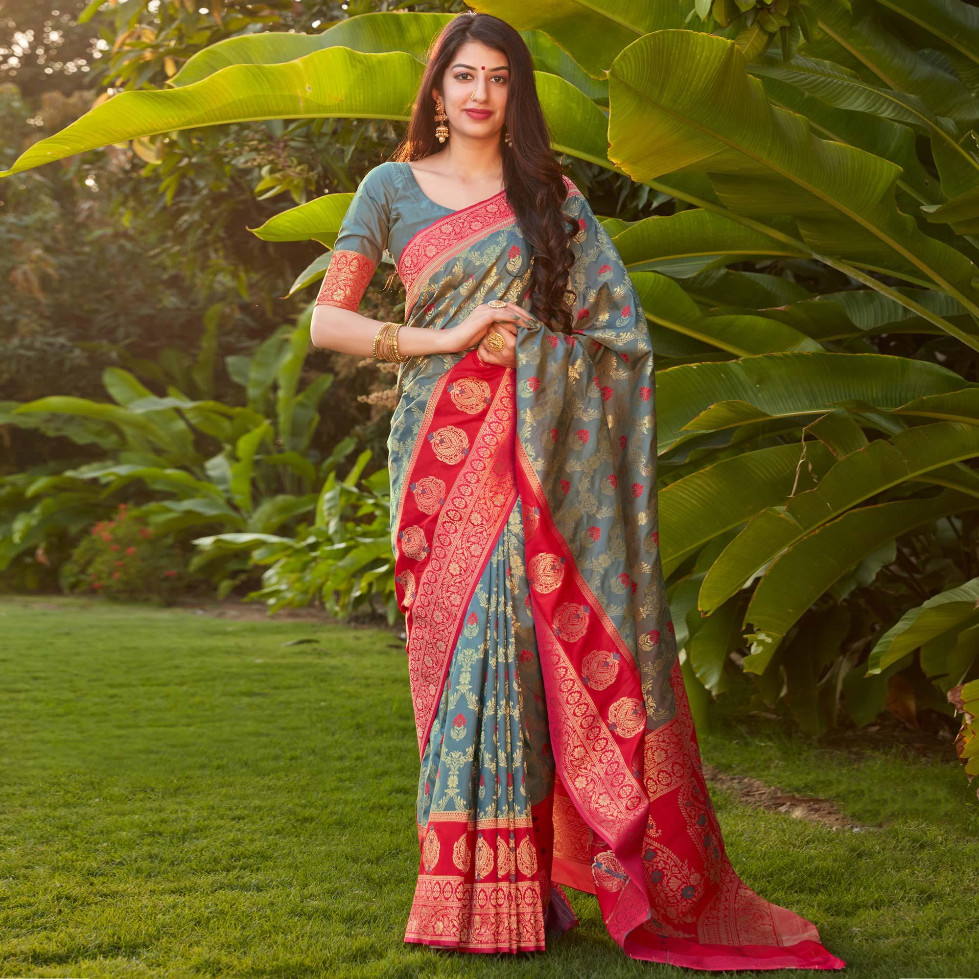 Grey Festive Wear Woven Soft Banarasi Silk Saree - Peachmode