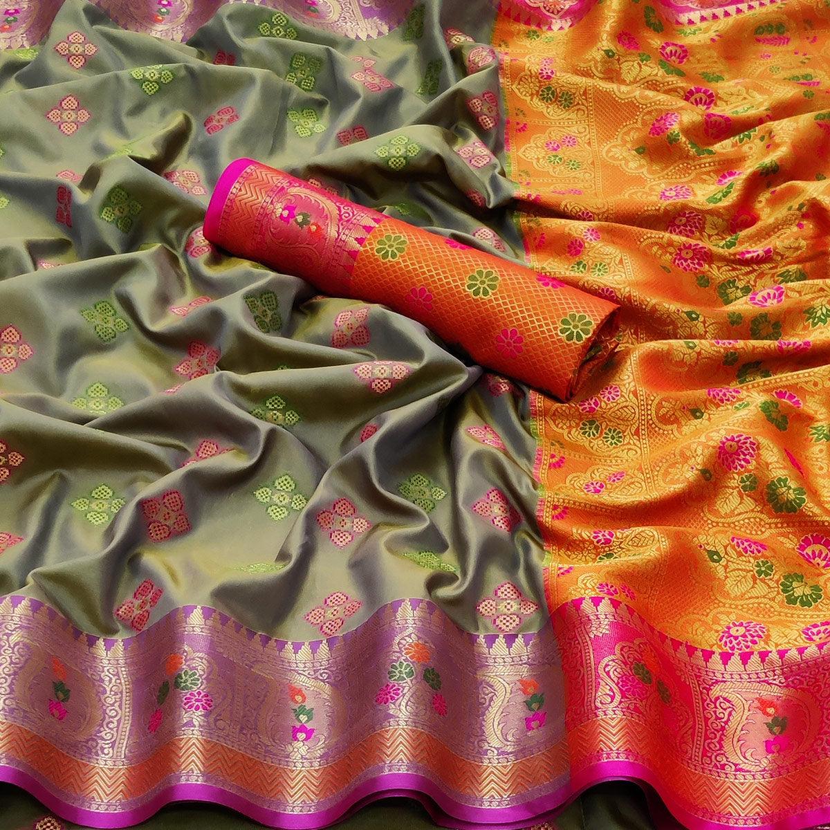 Grey Festive Wear Woven Soft Banarasi Silk Saree - Peachmode