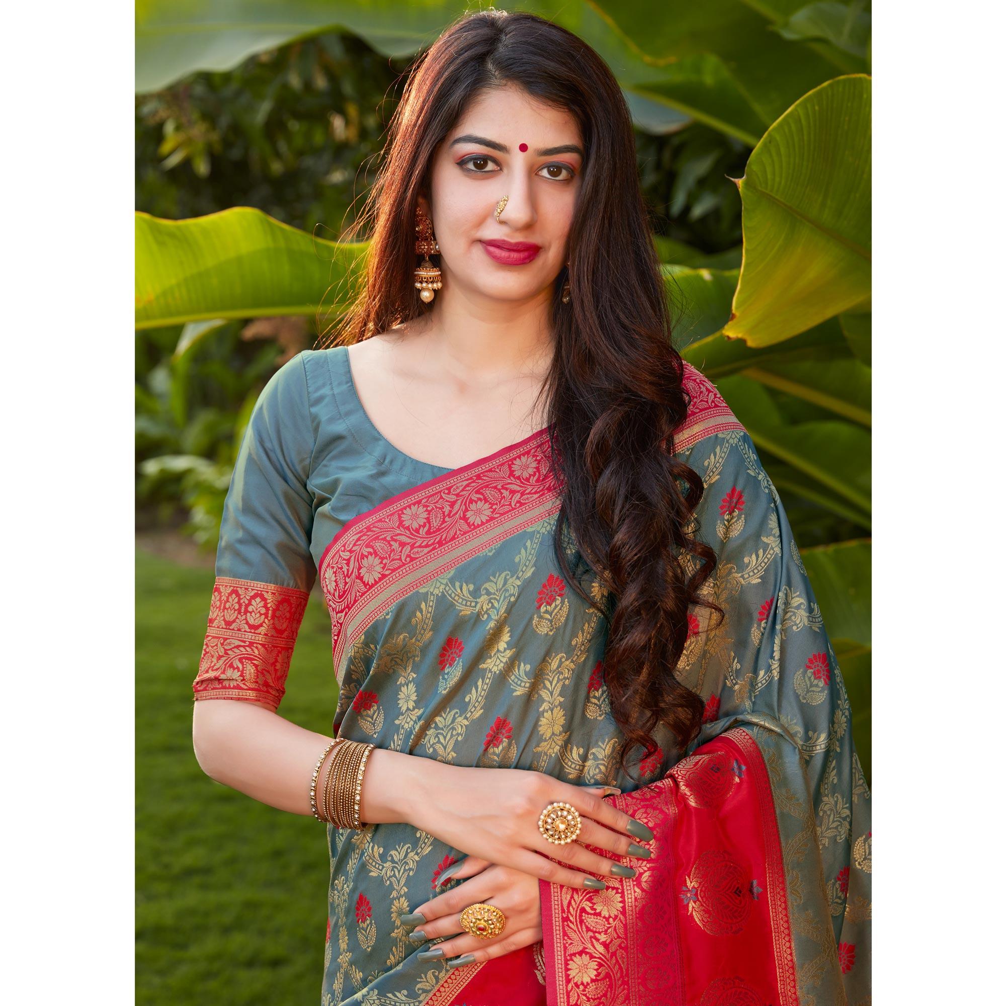 Grey Festive Wear Woven Soft Banarasi Silk Saree - Peachmode