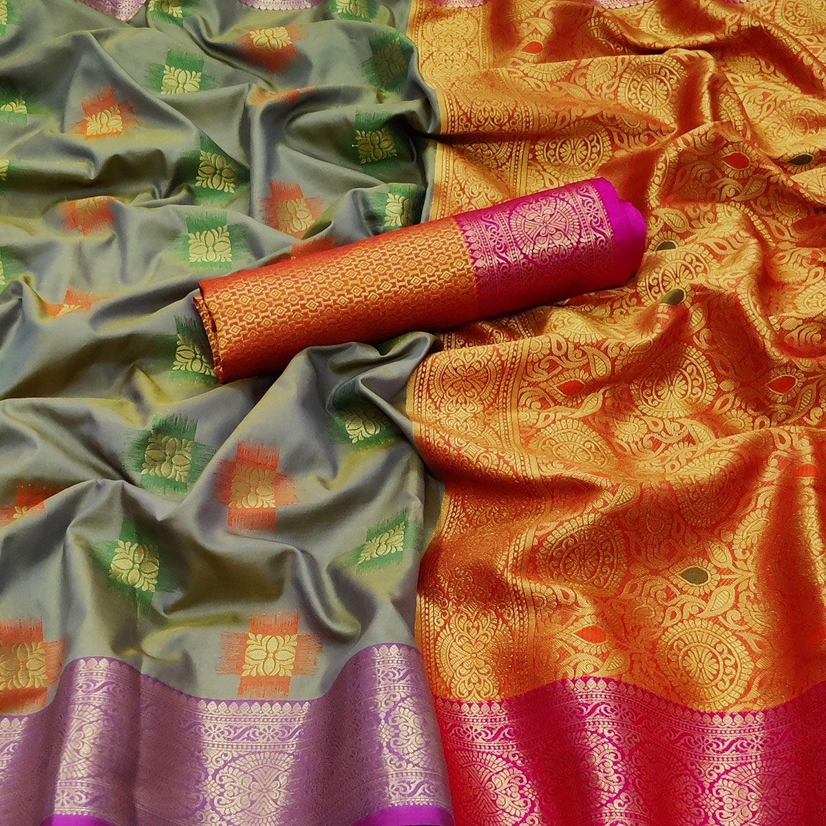 Grey Festive Wear Woven Soft Banarasi Silk Saree - Peachmode