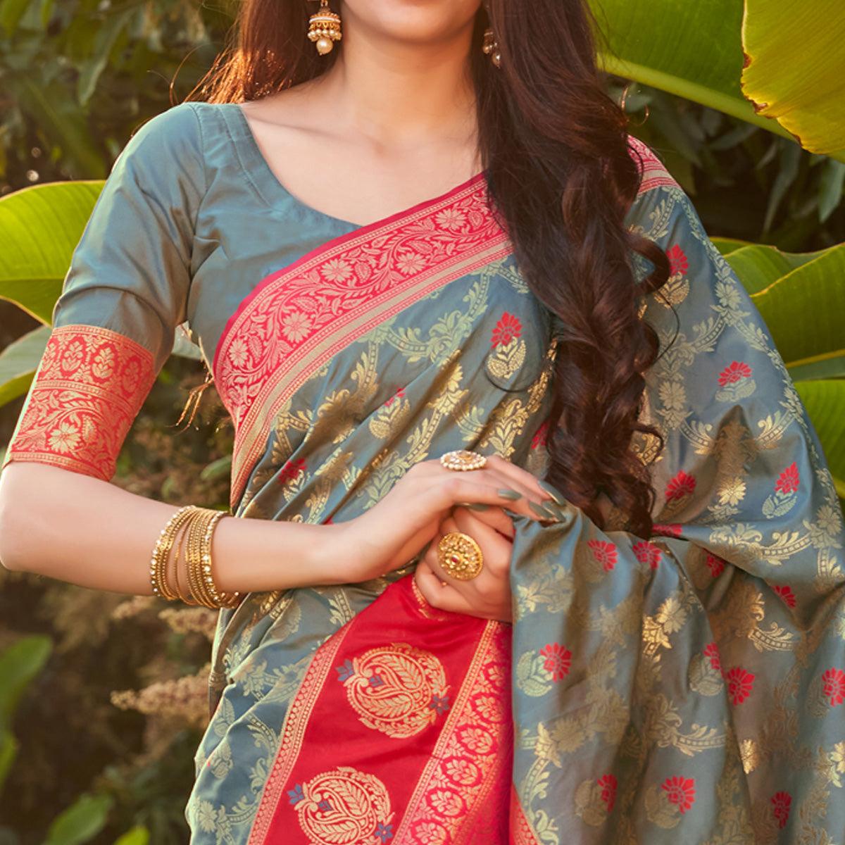 Grey Festive Wear Woven Soft Banarasi Silk Saree - Peachmode