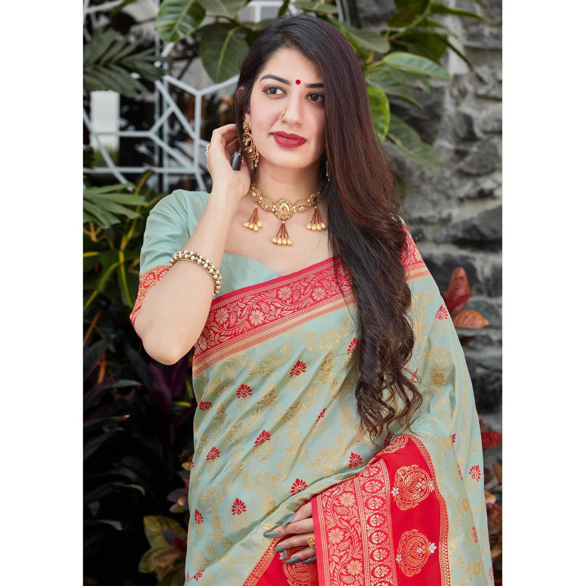 Grey Festive Wear Woven Soft Banarasi Silk Saree - Peachmode