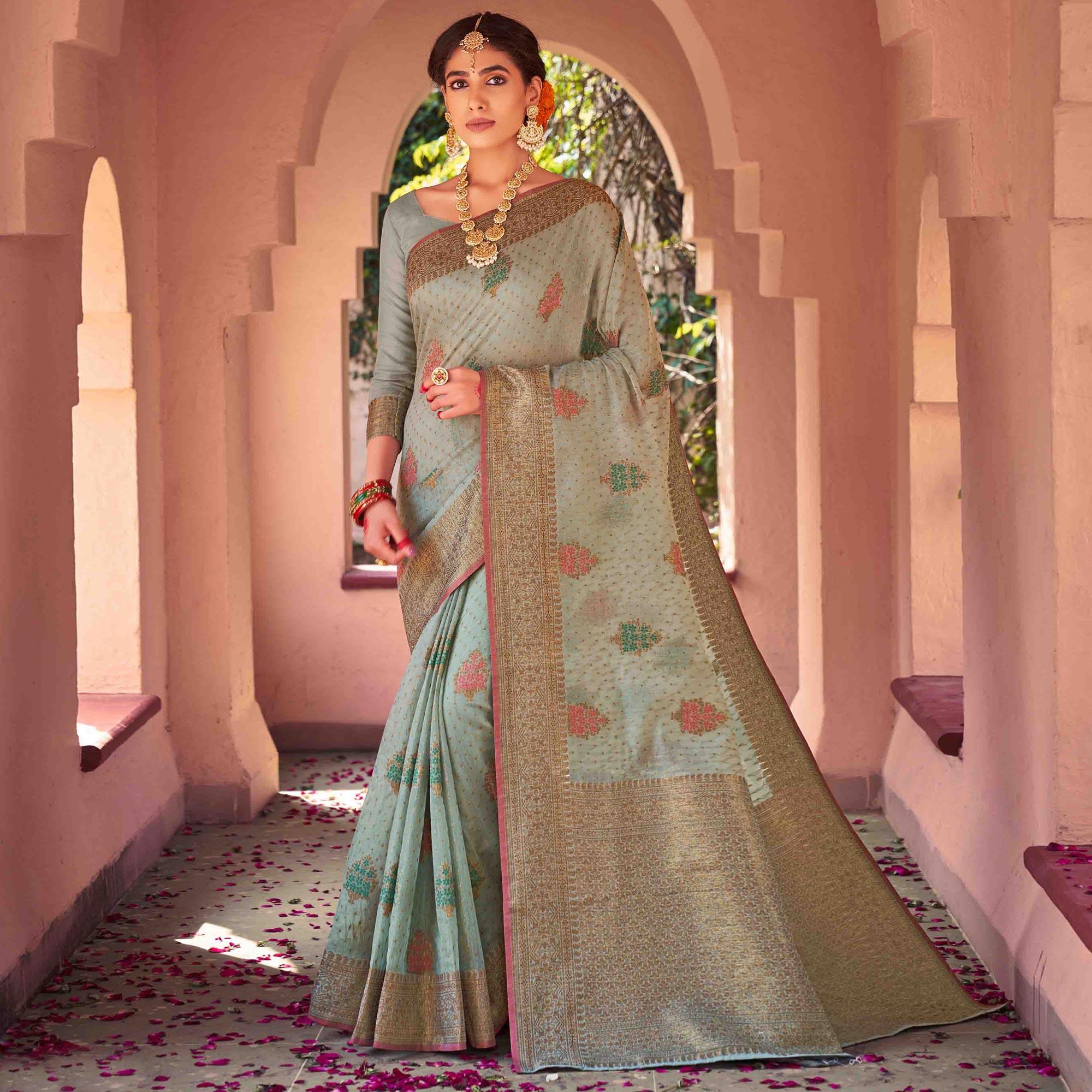 Grey Festive Wear Woven Soft Cotton Saree - Peachmode
