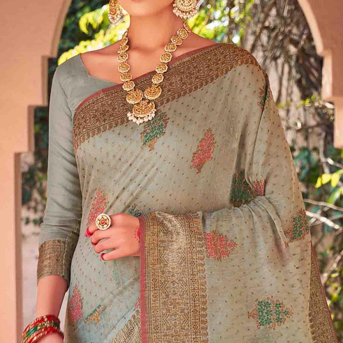 Grey Festive Wear Woven Soft Cotton Saree - Peachmode