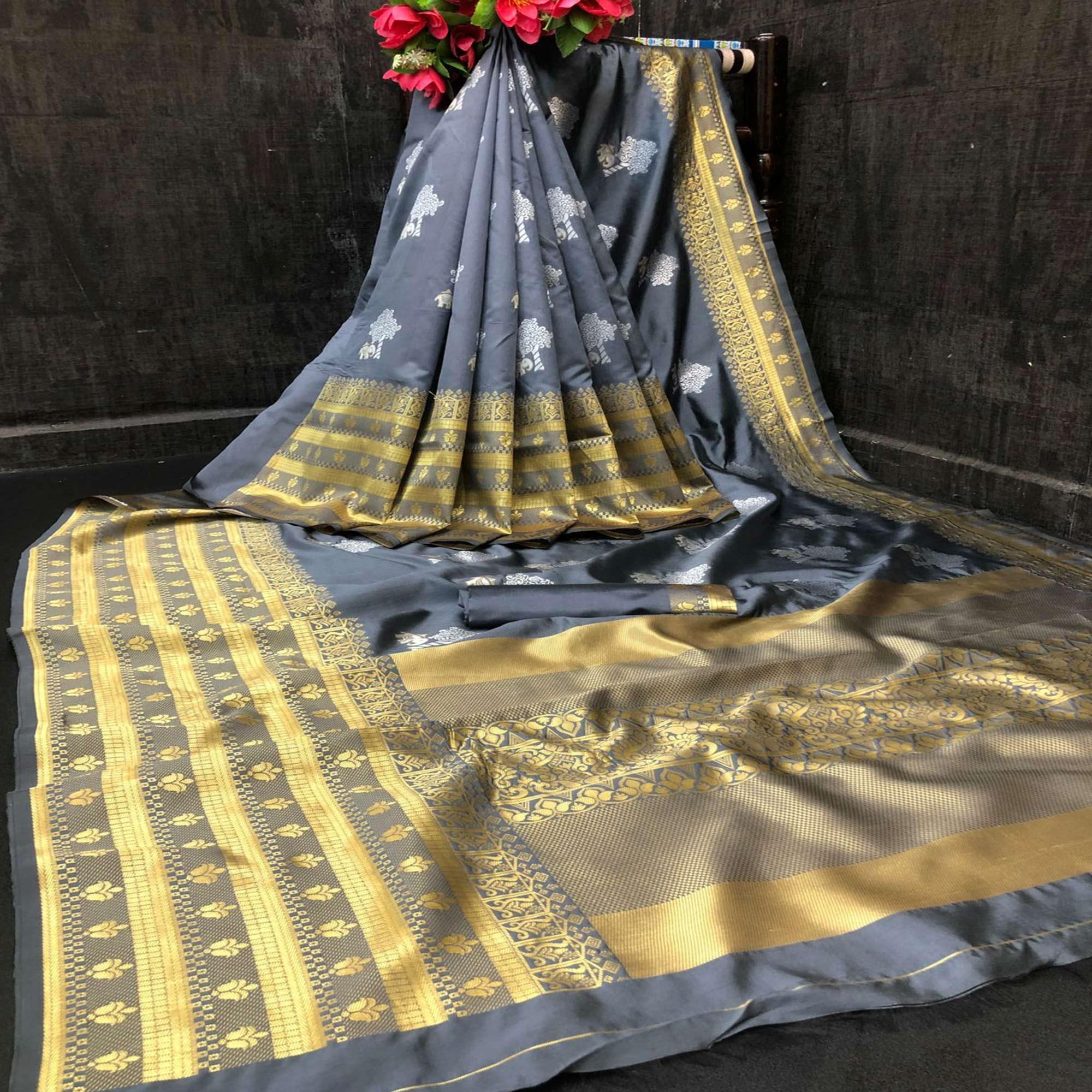 Grey Festive Wear Woven Soft Lichi Silk Saree - Peachmode