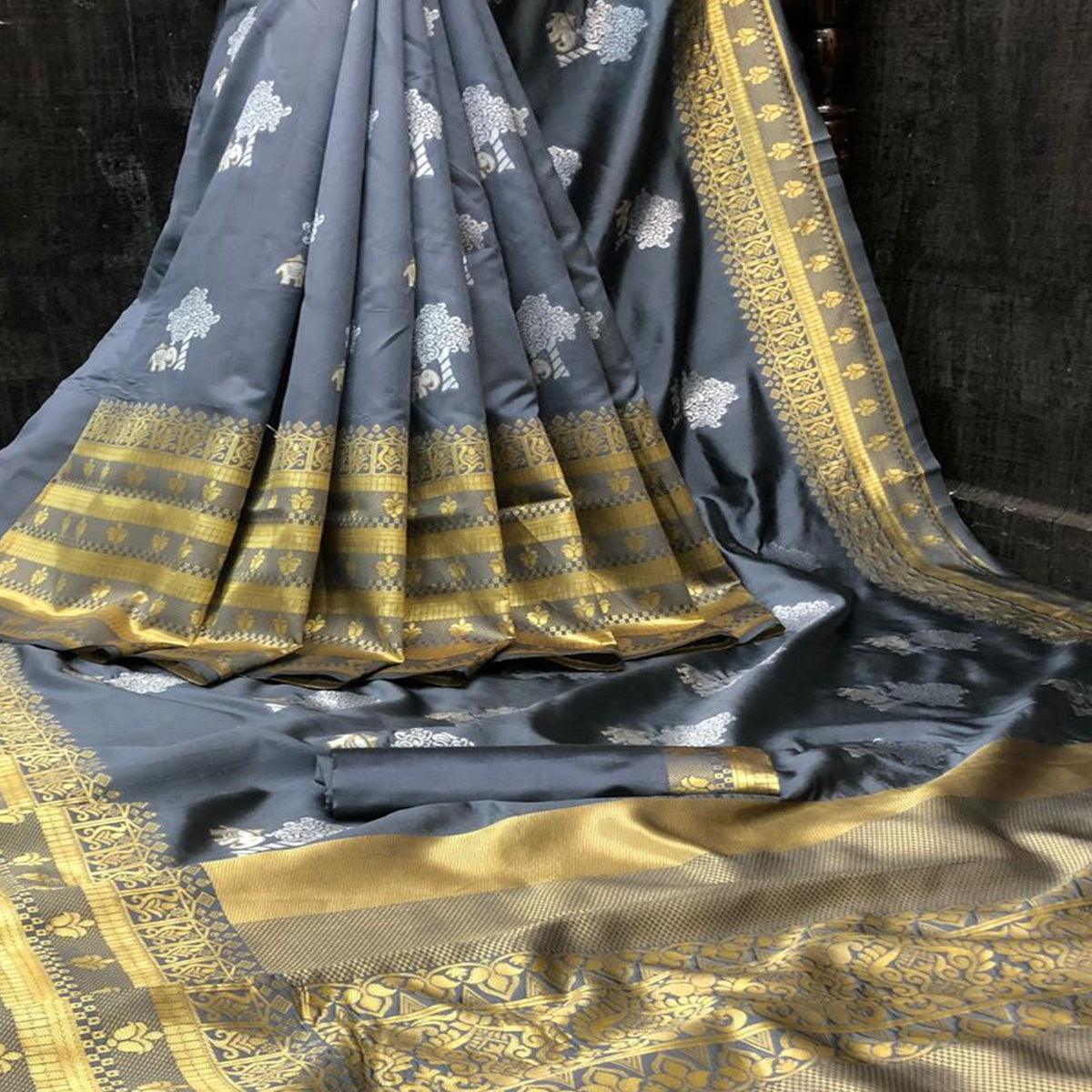 Grey Festive Wear Woven Soft Lichi Silk Saree - Peachmode