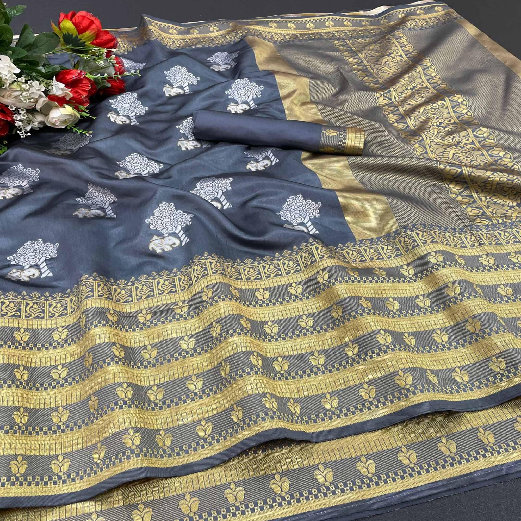 Grey Festive Wear Woven Soft Lichi Silk Saree - Peachmode
